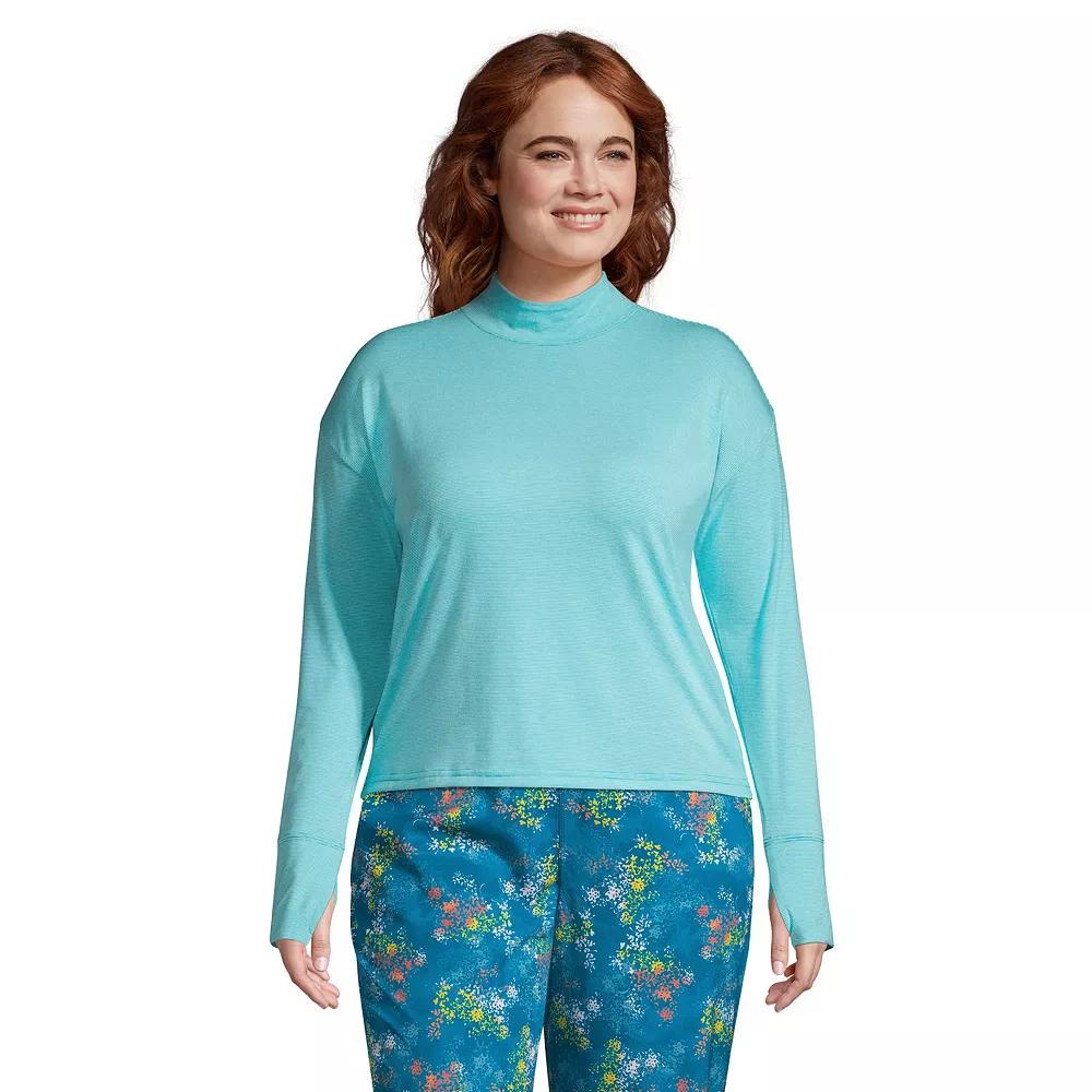 Plus Size Lands' End Performance Mockneck Tee, Women's, Size: 1XL, Blue Pinstripe Product Image