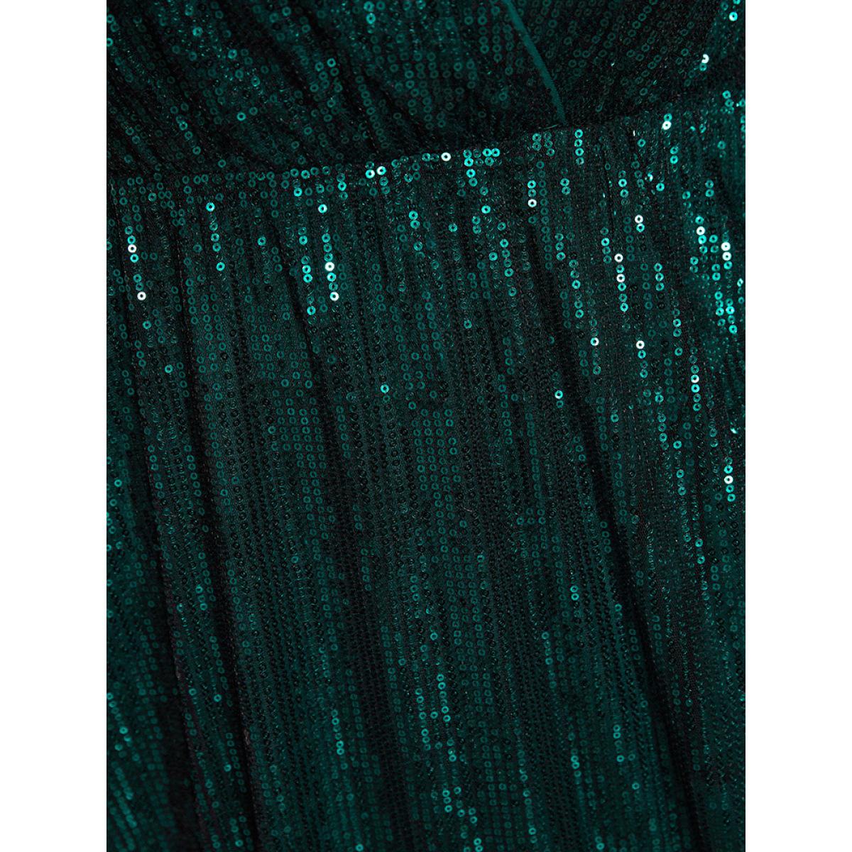 Plus Size Solid Pocket Lantern Sleeve Wrap Sequin Dress DarkGreen Women Party&Cocktail Pocket Overlap Collar Long Sleeve Curvy Midi Dress BloomChic 30/6X Product Image