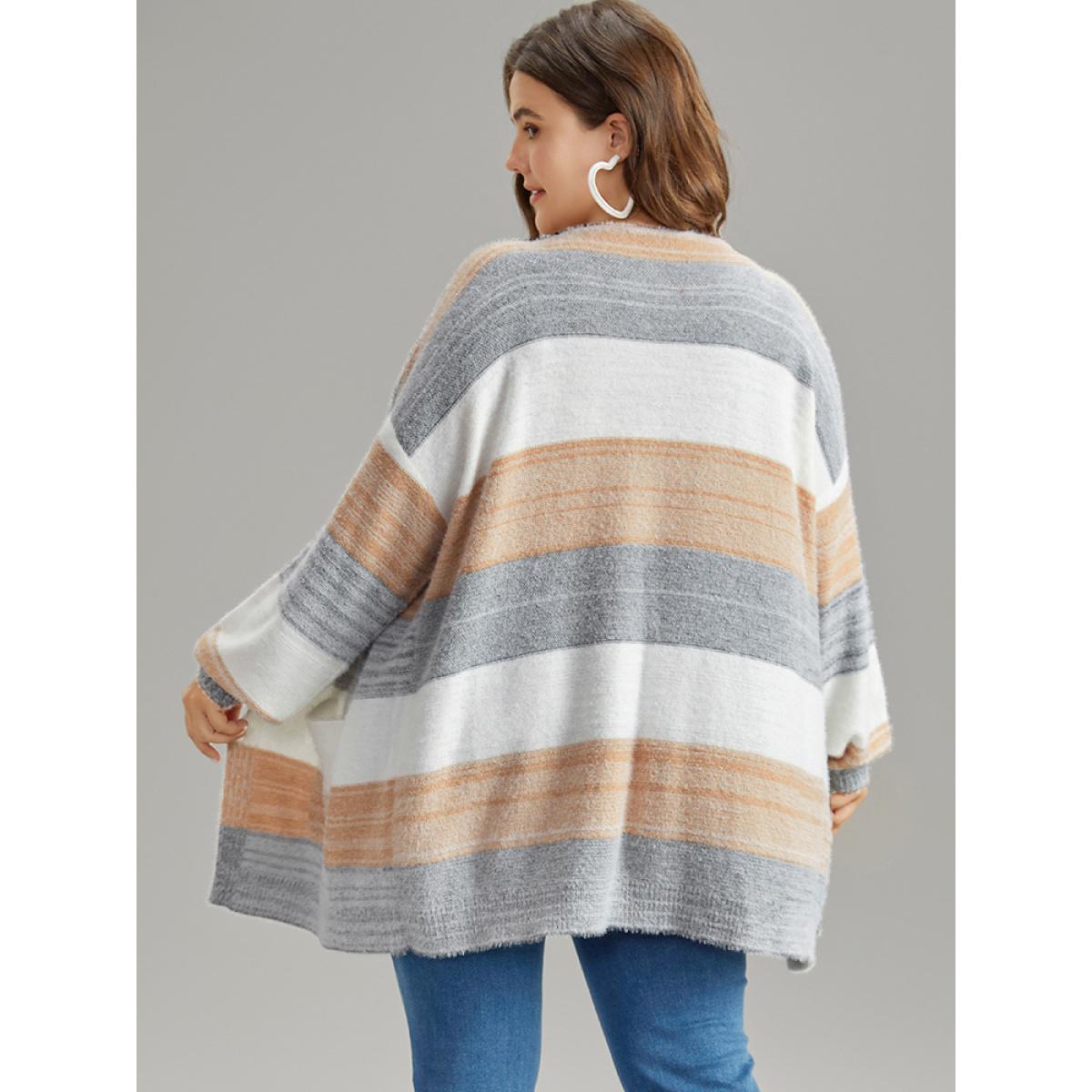 Plus Size Fuzzy Colorblock Heather Drop Shoulder Cardigan Multicolor Women Casual Loose Long Sleeve Dailywear Cardigans BloomChic 10/M Product Image