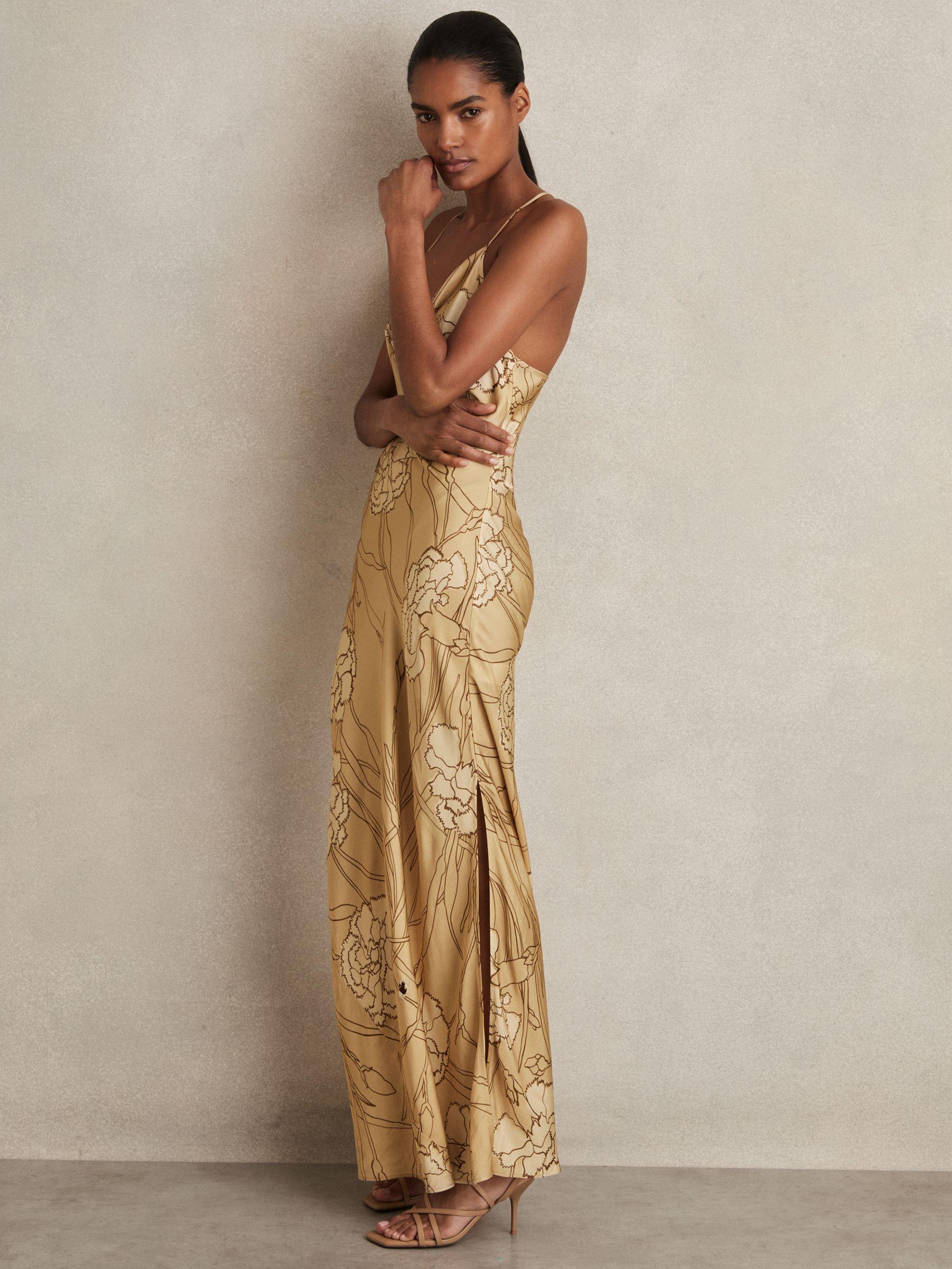 Satin Floral-Print Slip Maxi Dress in Gold Product Image