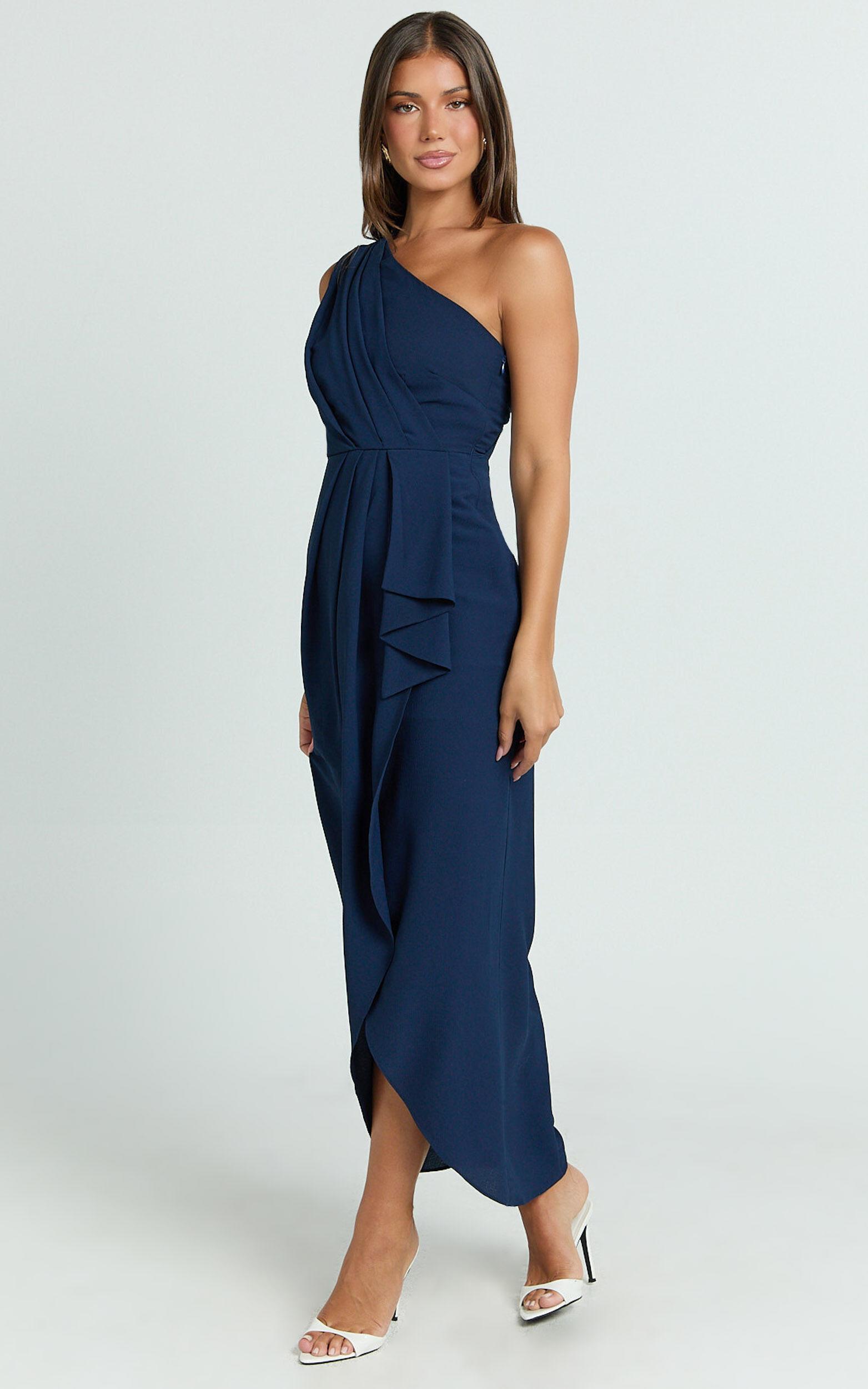 Namaari Midi Dress - Faux Wrap One Shoulder Dress in Navy Product Image