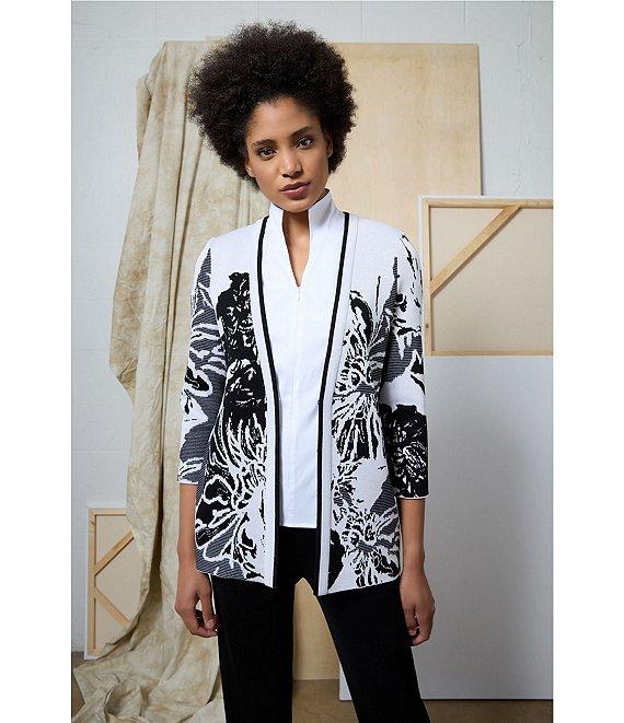Ming Wang Floral Jacquard Knit Open Front Bracelet Sleeve Cardigan Product Image