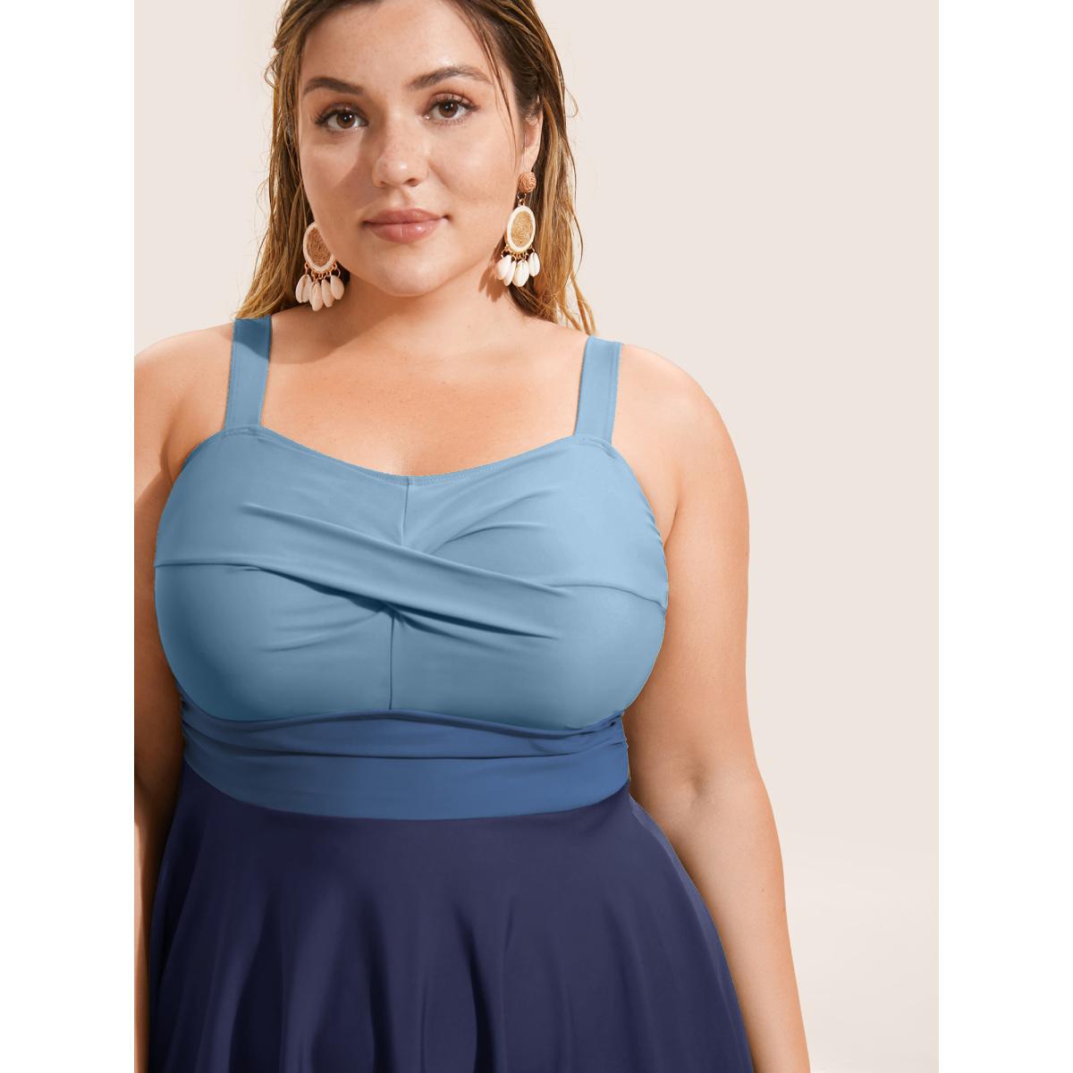 Plus Size Twist Front Patchwork Adjustable Straps Swim Dress Women's Swimwear Navy Beach Bodycon Heart neckline High stretch Curve Swim Dresses BloomChic 12/L Product Image