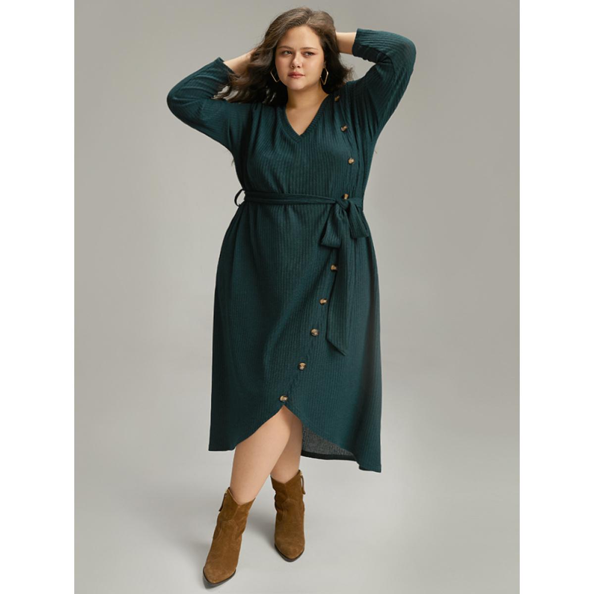Plus Size Rib Knit Button Detail Belted Wrap Hem Dress Cyan Women Casual Texture V-neck Long Sleeve Curvy Midi Dress BloomChic 14-16/1X Product Image