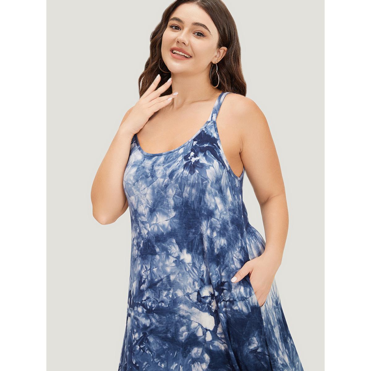 Plus Size Tie Dye Pocket Lace Hem Cami Dress Indigo Women Vacation Adjustable Straps Spaghetti Strap Sleeveless Curvy Midi Dress BloomChic 10/M Product Image