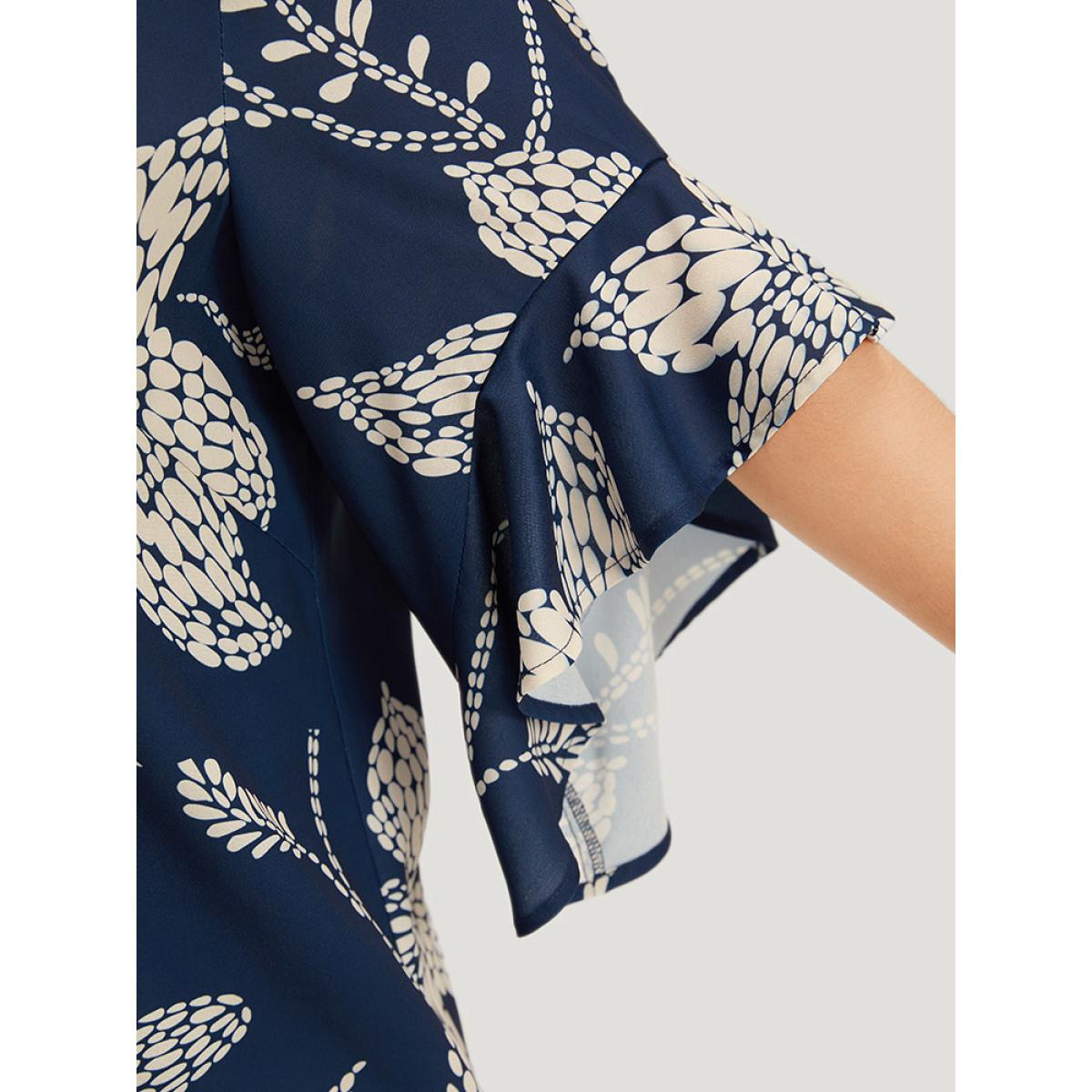 Plus Size Indigo Silhouette Floral Print Bell Sleeve Ruffle Trim Blouse Women Elegant Half Sleeve V-neck Dailywear Blouses BloomChic 22-24/3X Product Image