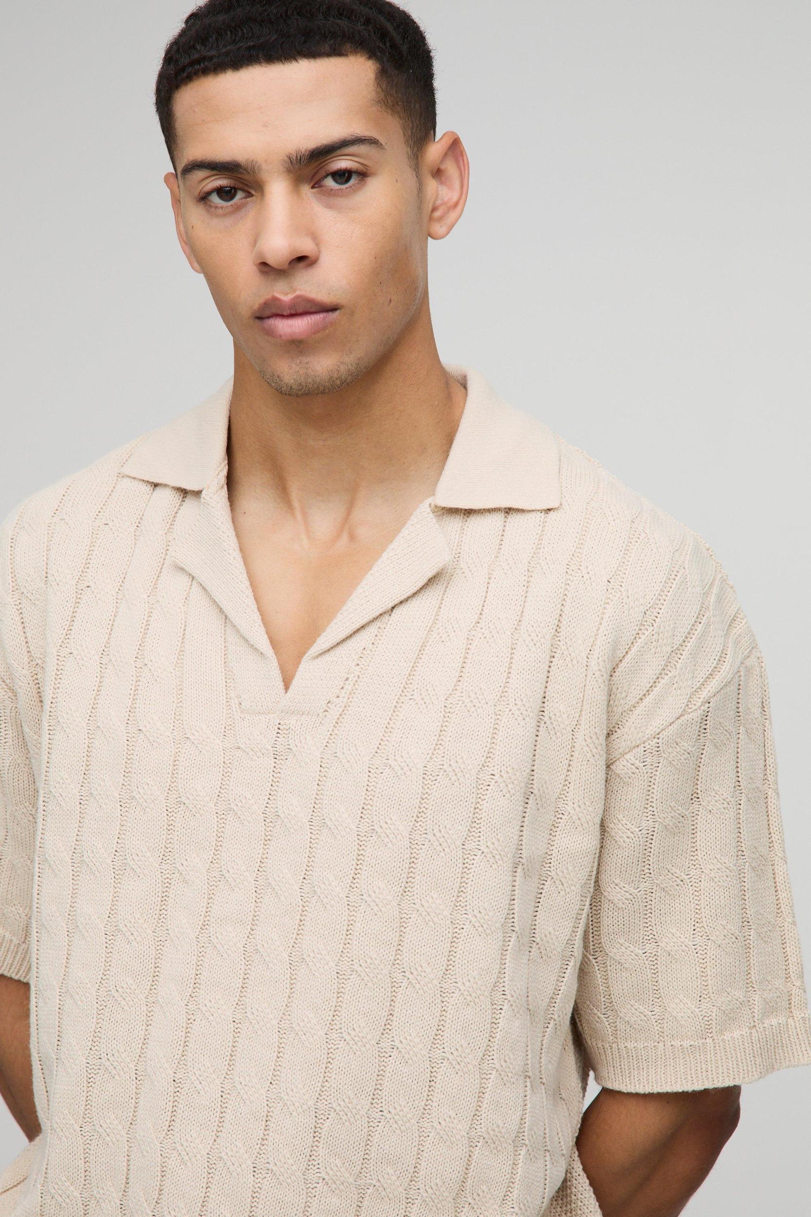 Oversized Boxy Revere Collar Twisted Cable Knitted Polo | boohooMAN USA Product Image