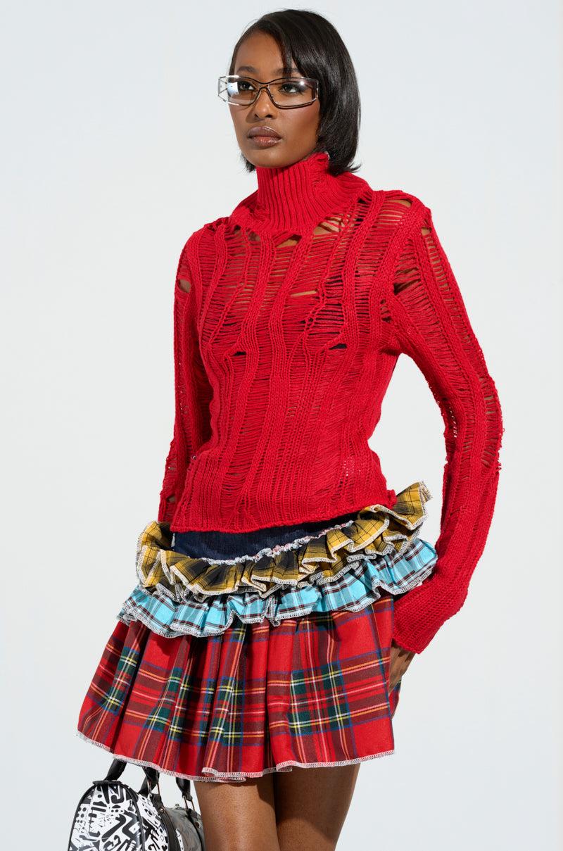 SEXY LOOSE WEAVE HIGH NECK SWEATER IN RED Product Image