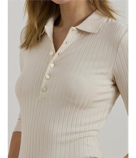 Lauren Ralph Lauren Petite Size Ribbed Knit Point Collar 3/4 Sleeve Polo Shirt Product Image