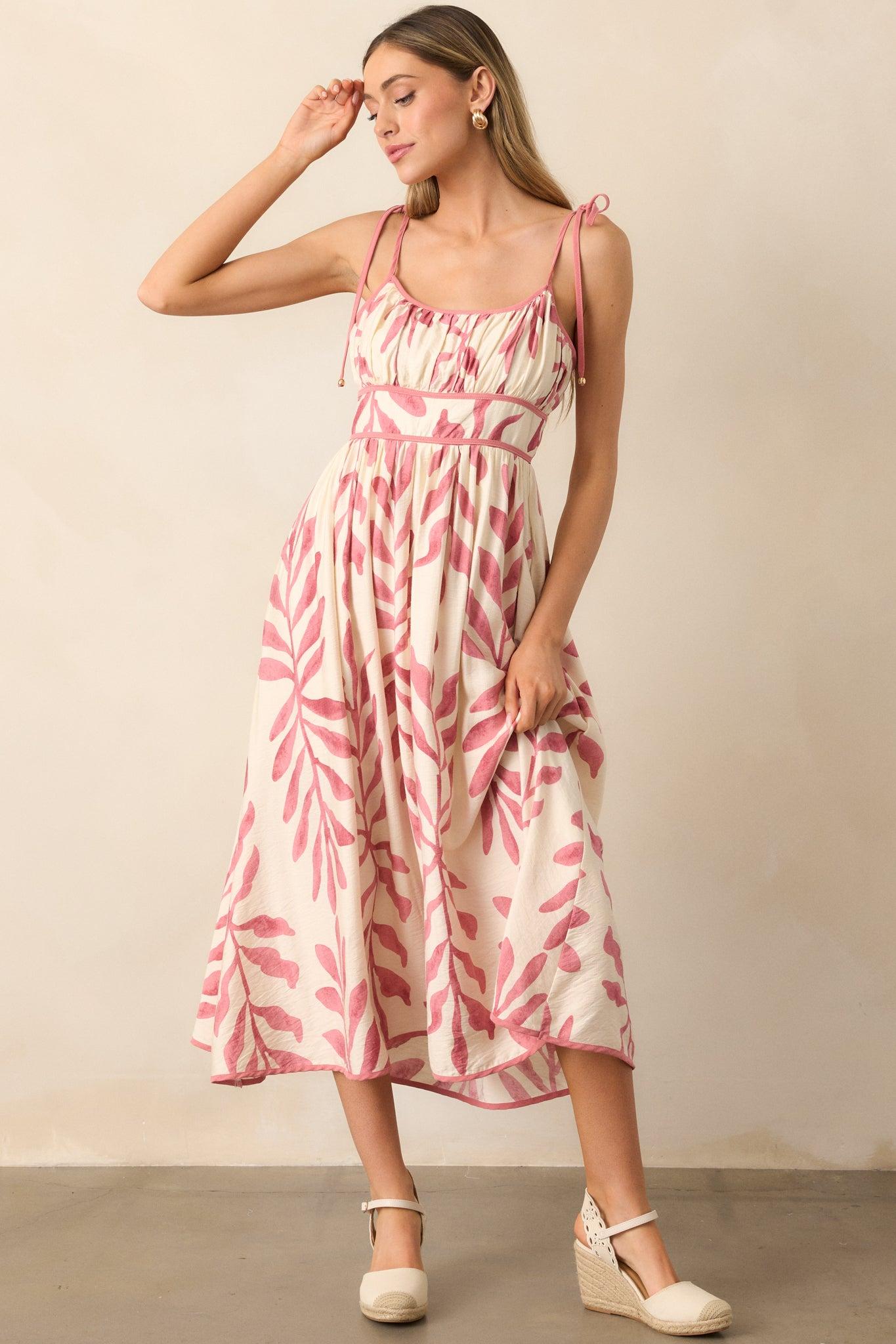 Peaceful Palms Pink Tropical Print Midi Dress Product Image
