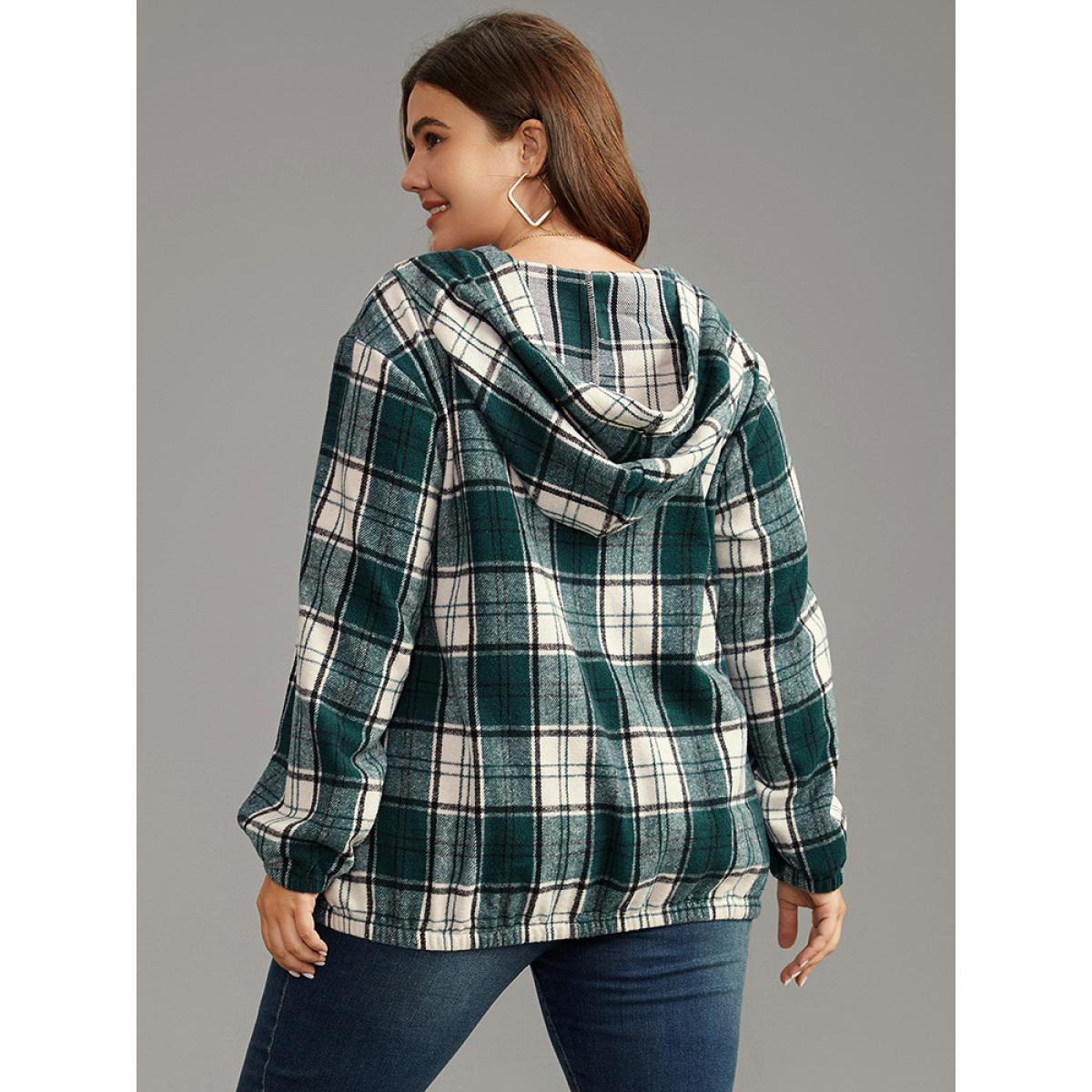 Plus Size Plaid Button Up Hooded Pocket Sweatshirt Women Green Casual Elastic cuffs Hooded Dailywear Sweatshirts BloomChic 26/4X Product Image