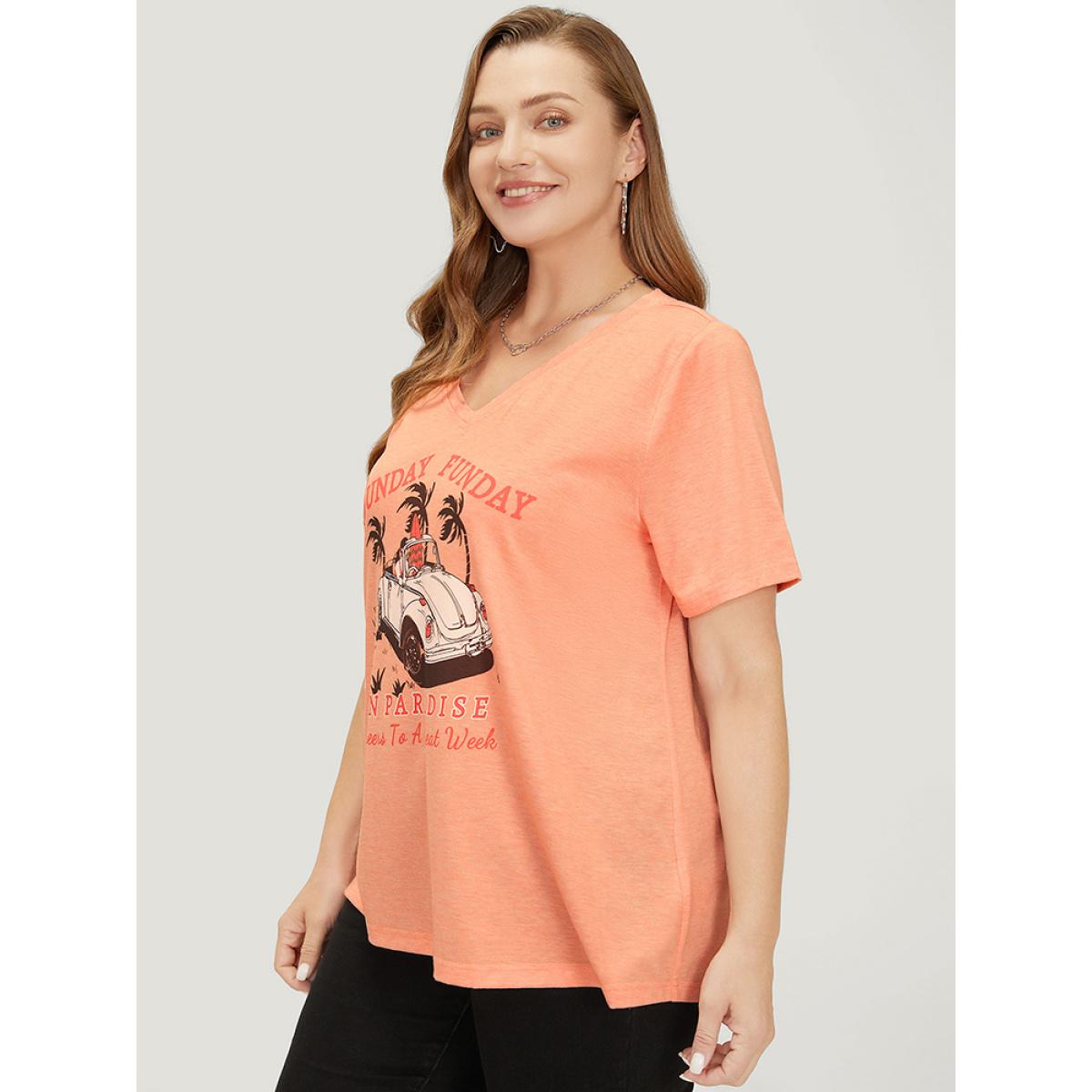 Plus Size Car & Letter Print V Neck Drop Shoulder T-shirt Coral Women Casual Tropical Dailywear T-shirts BloomChic 12/L Product Image