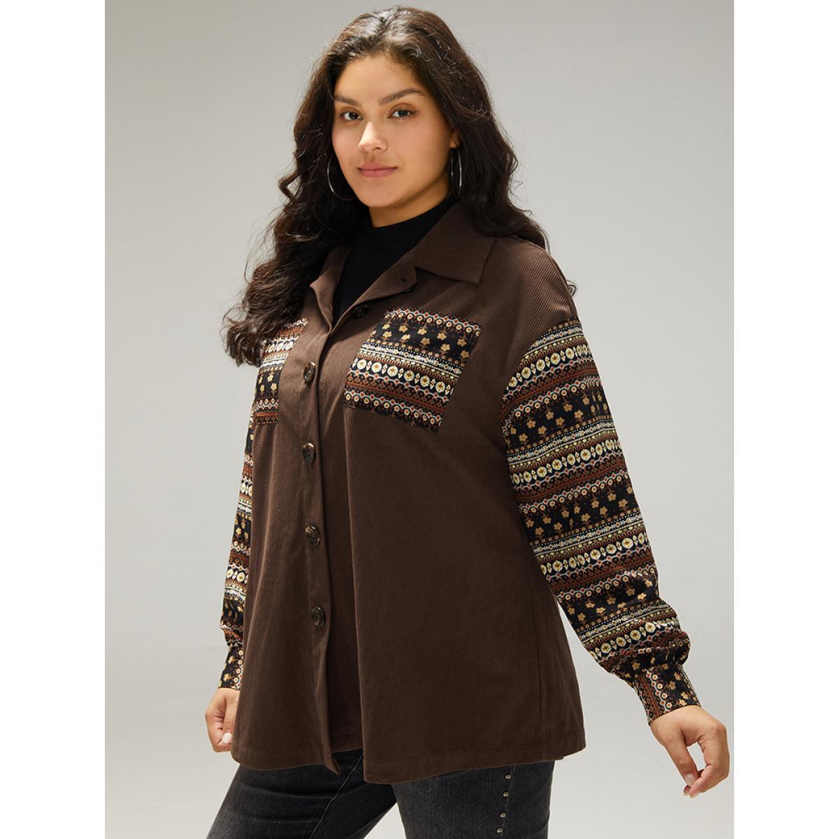 Plus Size Bandana Print Patchwork Button Through Jacket Women DarkBrown Contrast Pocket Dailywear Jackets BloomChic 26/4X Product Image