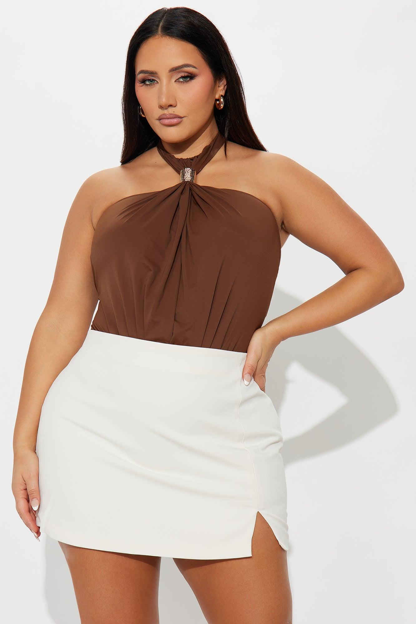 Beverly Y-Neck Ruched Bodysuit - Chocolate Female Product Image