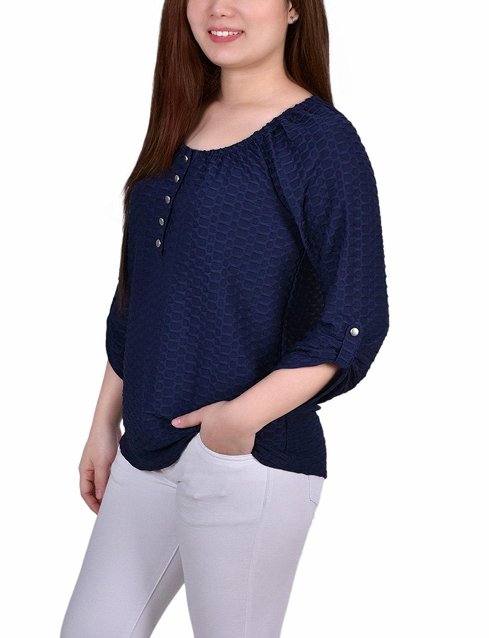 Dark Blue 3/4 Sleeve Blouse With Necklace - Petite Product Image