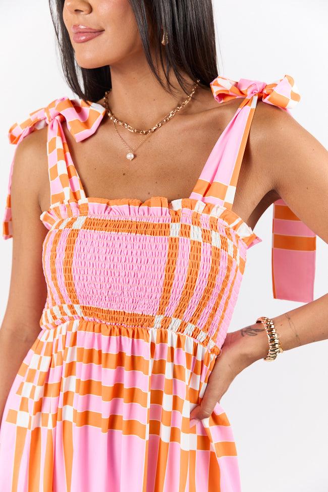Get The Check Pink and Orange Printed Checkered Maxi Dress Product Image