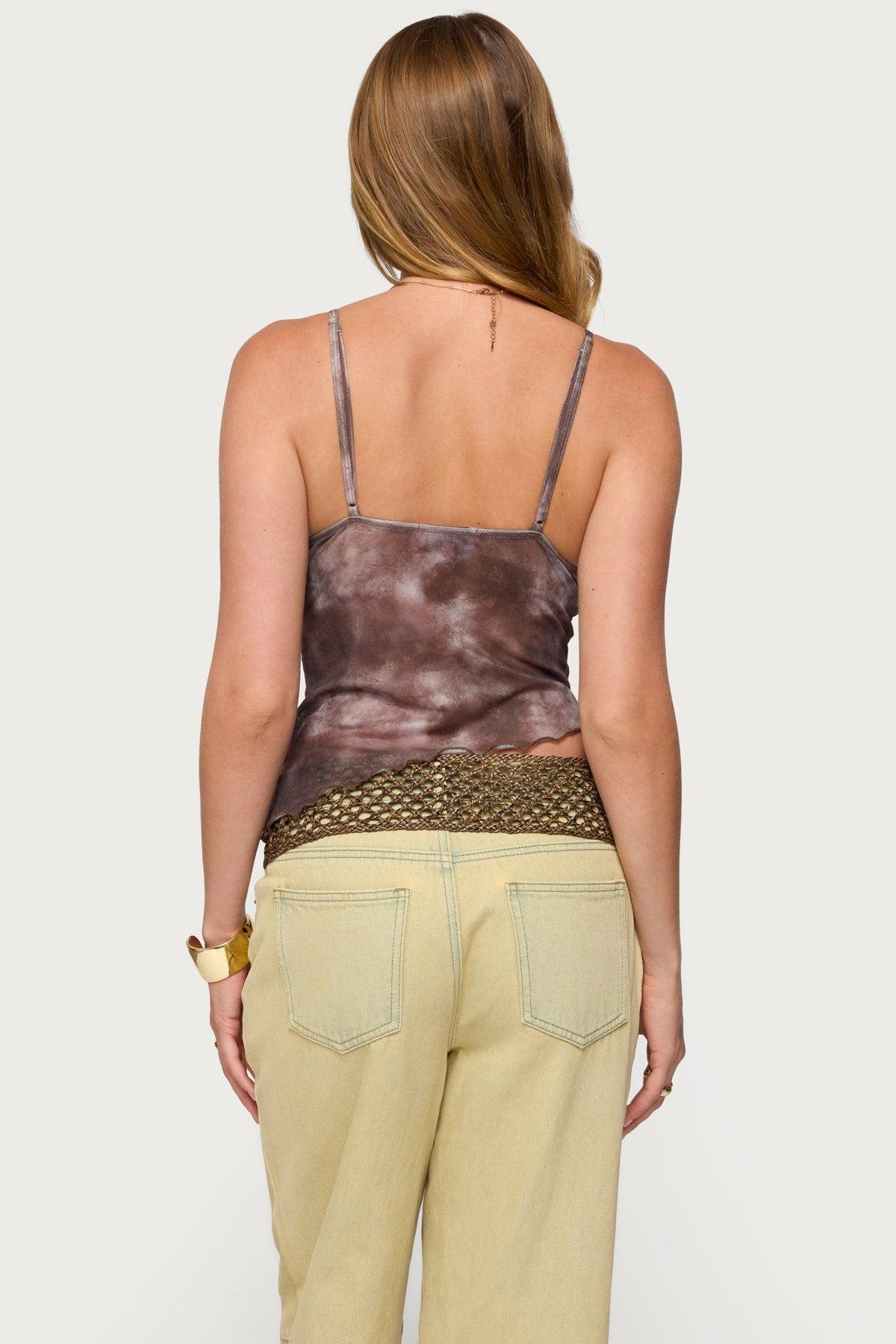 Embroidered Asymmetric Printed Mesh Top Product Image