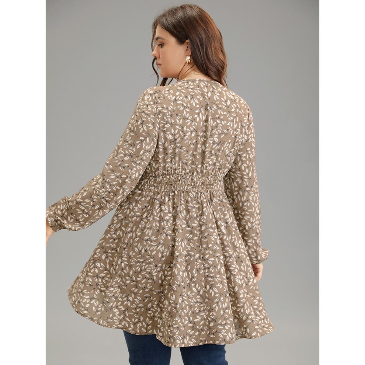 Plus Size Apricot Ditsy Floral Shirred Elastic Waist High Low Hem Blouse Women Elegant Long Sleeve V-neck Everyday Blouses BloomChic 22-24/3X Product Image