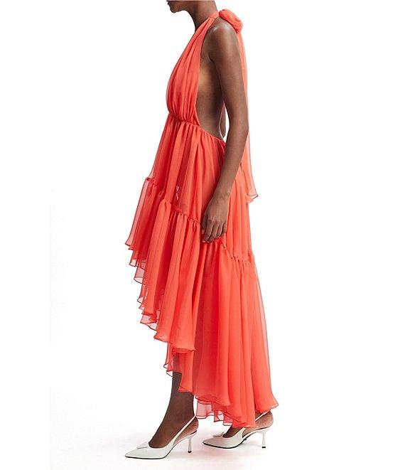Bardot Leona Halter V-Neck Sleeveless Ruffle High-Low Hem A-Line Maxi Dress Product Image