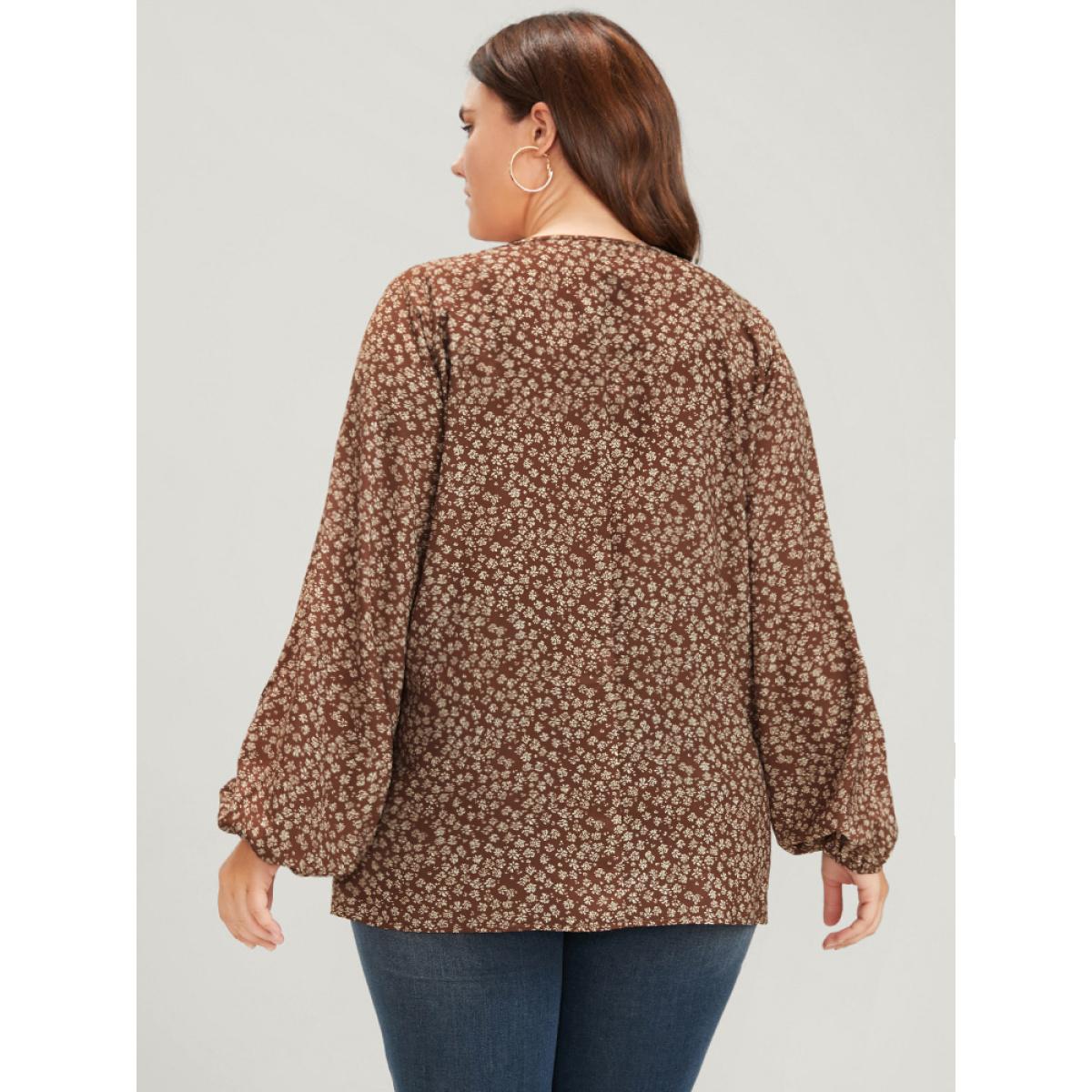 Plus Size Tan Ditsy Floral Lantern Sleeve Ties V Neck Blouse Women Elegant Long Sleeve V-neck Dailywear Blouses BloomChic 26/4X Product Image