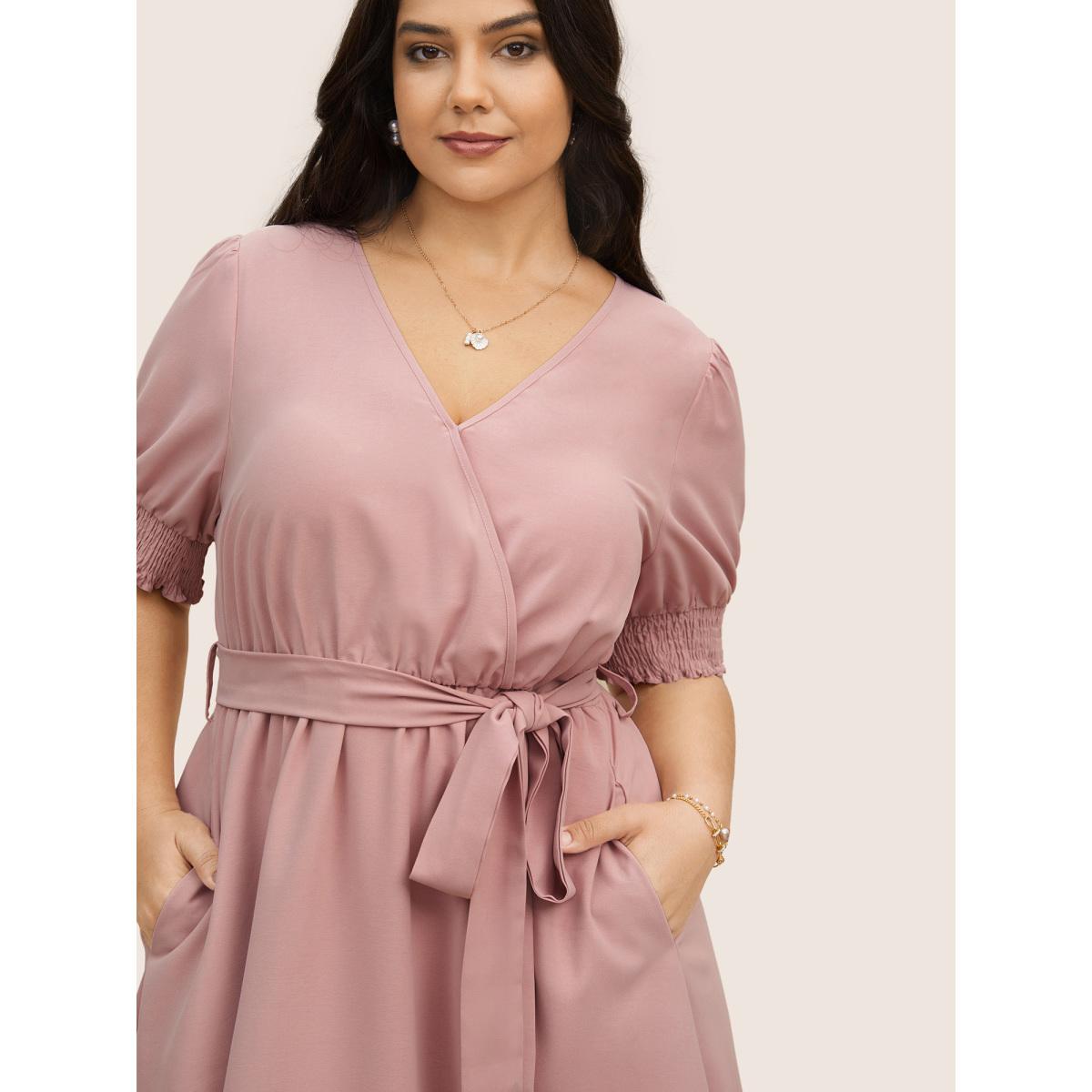 Plus Size Solid Overlap Collar Puff Sleeve Belted Dress Pink Women Elegant Shirred Overlap Collar Short sleeve Curvy BloomChic 18-20/2X Product Image