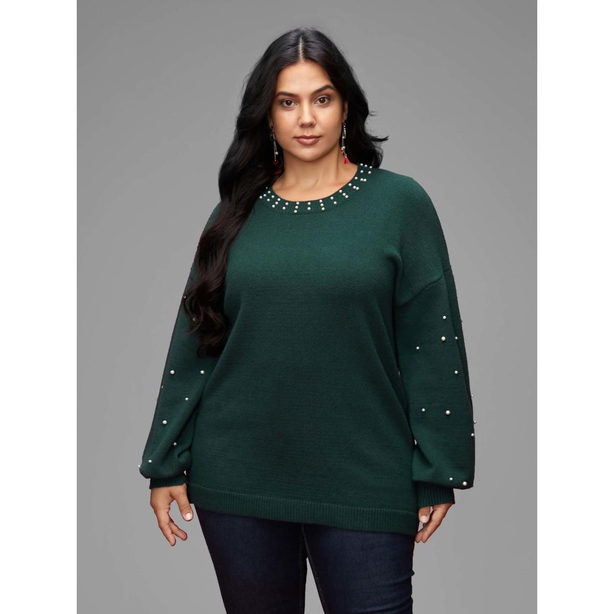 Plus Size Supersoft Essentials Beaded Neckline Drop-Shoulder Pullover DarkGreen Women Casual Loose Long Sleeve Round Neck Everyday Pullovers BloomChic 22-24/3X Product Image