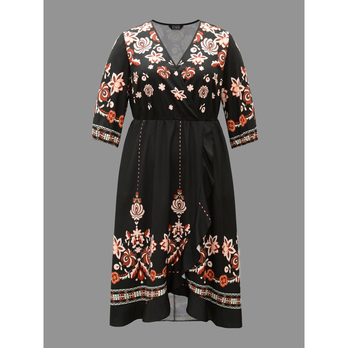Plus Size Floral Print Wrap Ruffled Hem Dress BlackFlower Women Resort Ruffles Overlap Collar Elbow-length sleeve Curvy BloomChic 26/4X Product Image