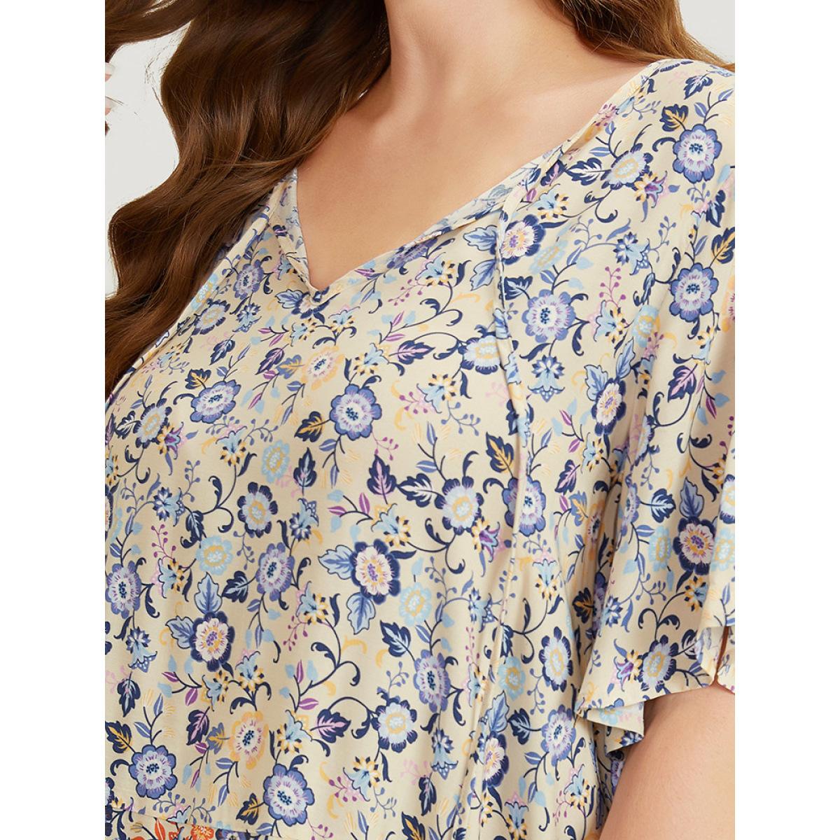 Plus Size Multicolor Bandana Printed Ties Front Ruffle Sleeve Blouse Women Vacation Short sleeve Tie Neck Dailywear Blouses BloomChic 10/M Product Image