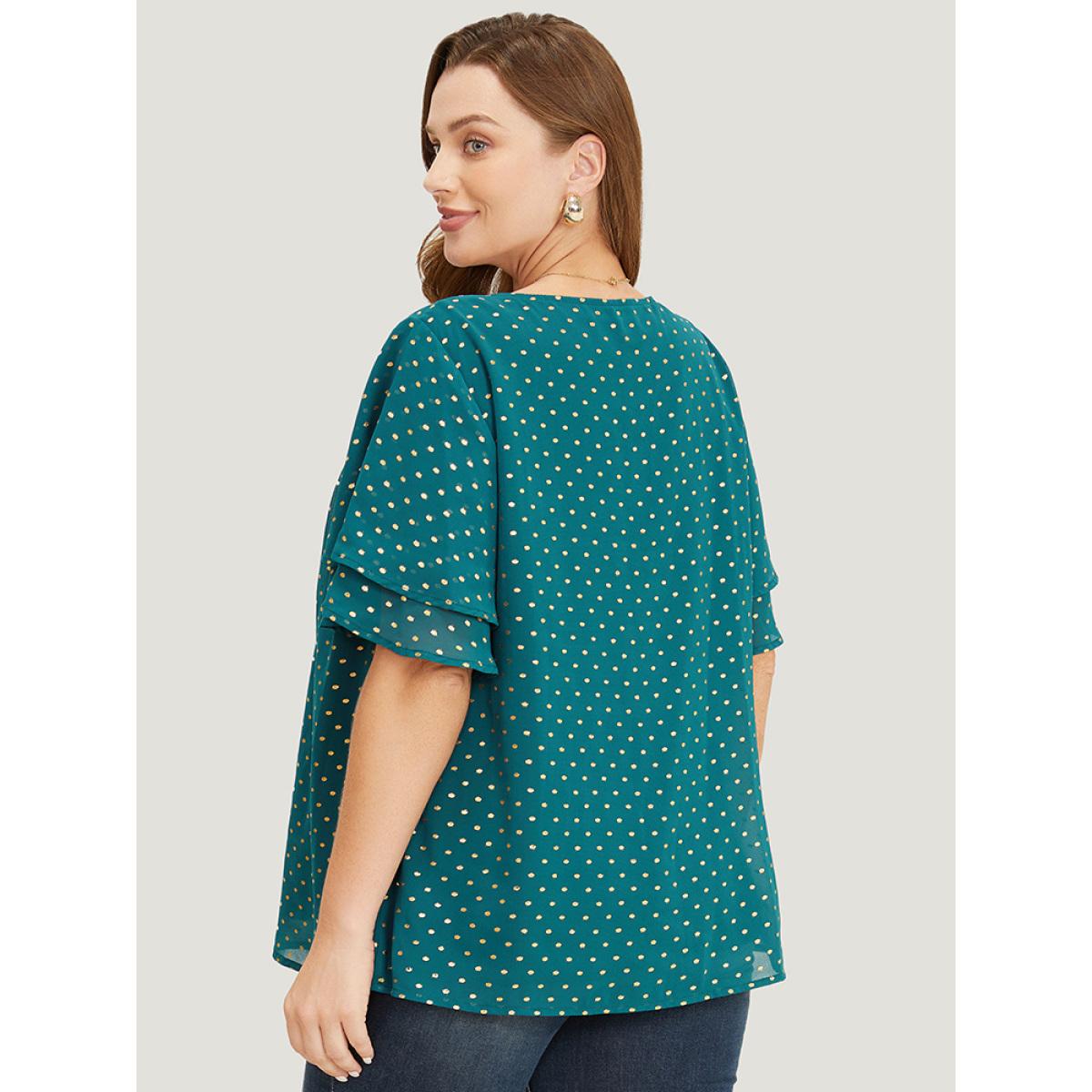 Plus Size DarkGreen Polka Dot Glitter Tiered Sleeve Pleated Keyhole Chain Neck Blouse Women Party Short sleeve Round Neck Going out Blouses BloomChic 30/6X Product Image