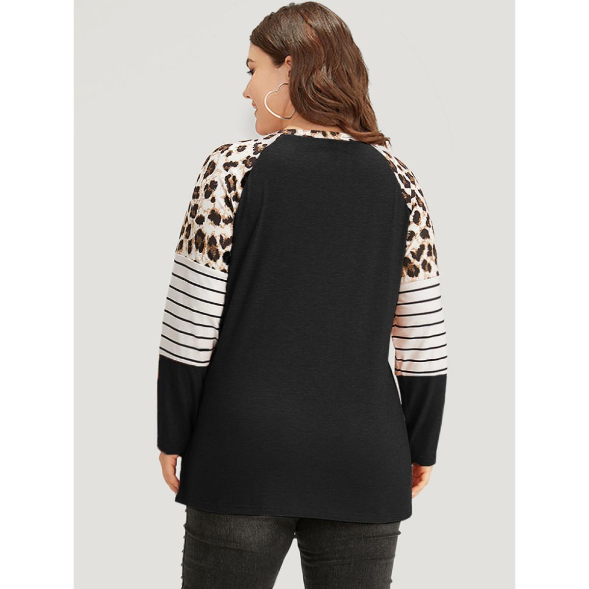 Plus Size Striped Patchwork Leopard Print Crew Neck T-shirt Black Women Casual Contrast Leopard Round Neck Dailywear T-shirts BloomChic 14-16/1X Product Image