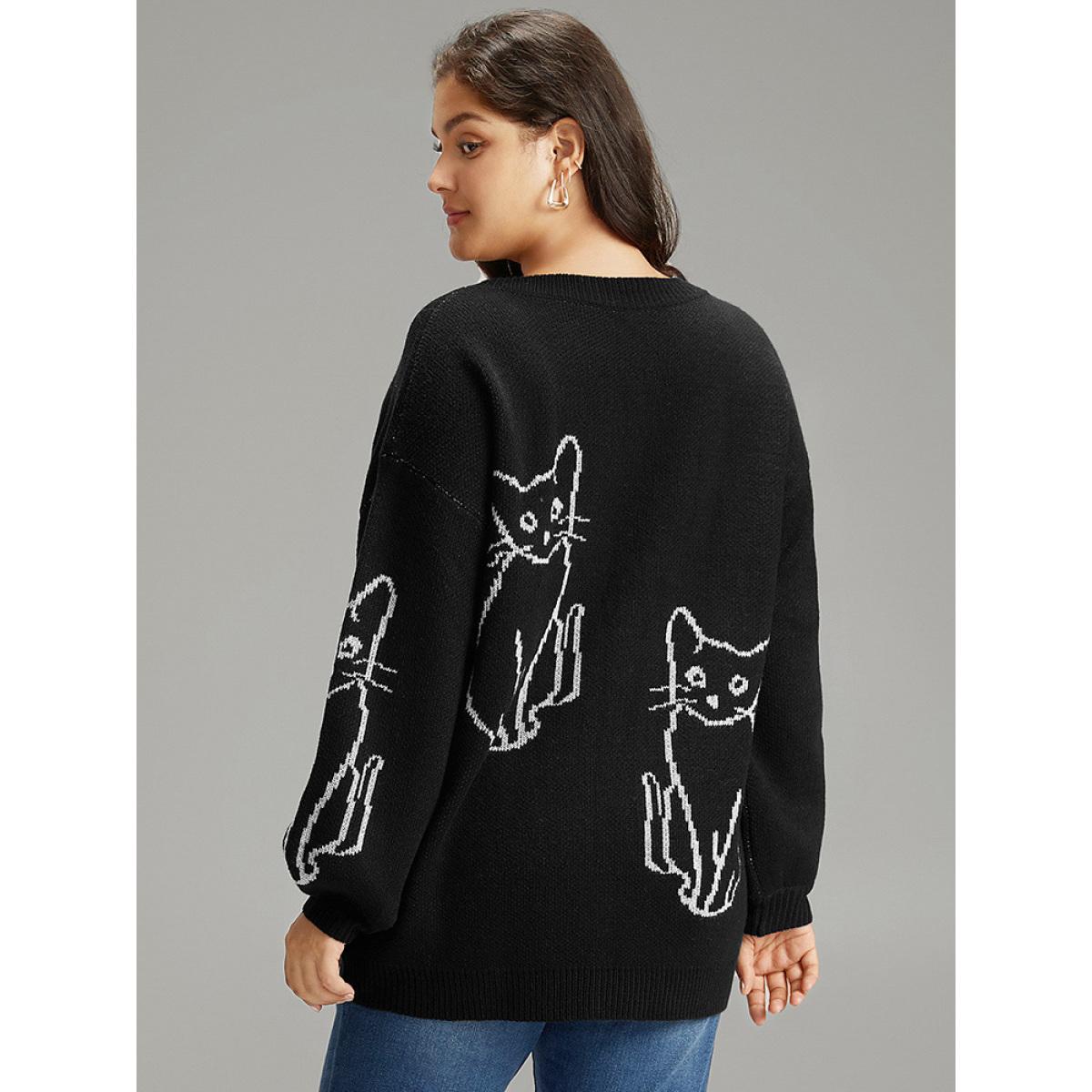 Plus Size Supersoft Essentials Cat Print V Neck Pullover Black Women Casual Long Sleeve V-neck Dailywear Pullovers BloomChic 26/4X Product Image
