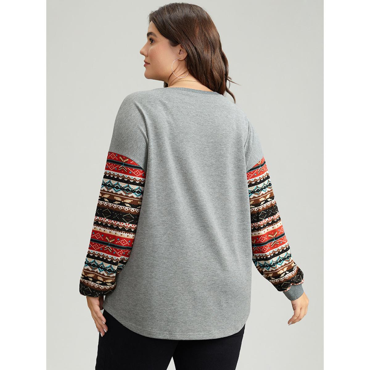 Plus Size Bandana Print Patchwork Patched Pocket Sweatshirt Women Gray Casual Elastic cuffs Round Neck Festival-Christmas Sweatshirts BloomChic 22-24/3X Product Image