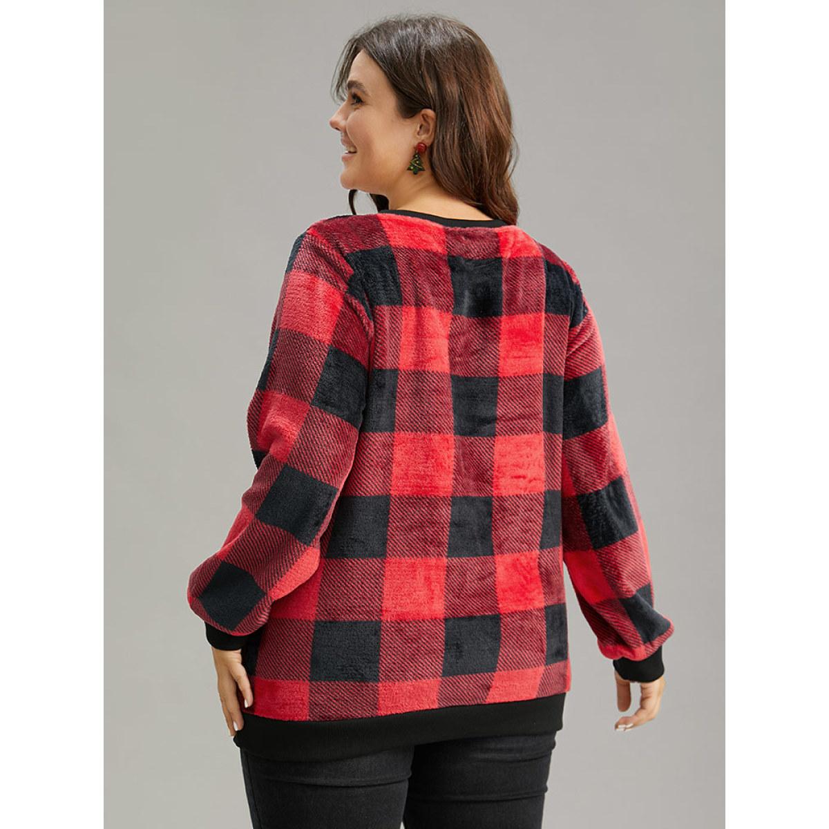 Plus Size Plaid Print Round Neck Fluffy Sweatshirt Women Scarlet Casual Rib Knit Round Neck Festival-Christmas Sweatshirts BloomChic 12/L Product Image
