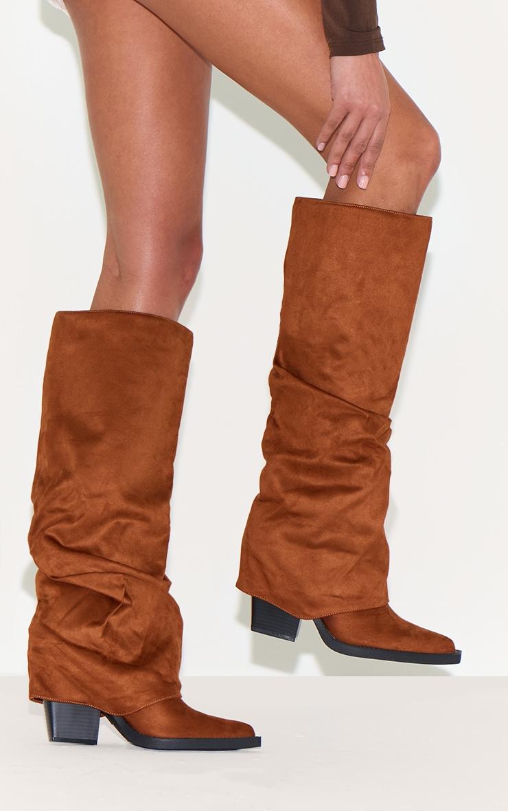 Tan Faux Suede Point Toe Fold Over Block Heel Knee High Boots Product Image