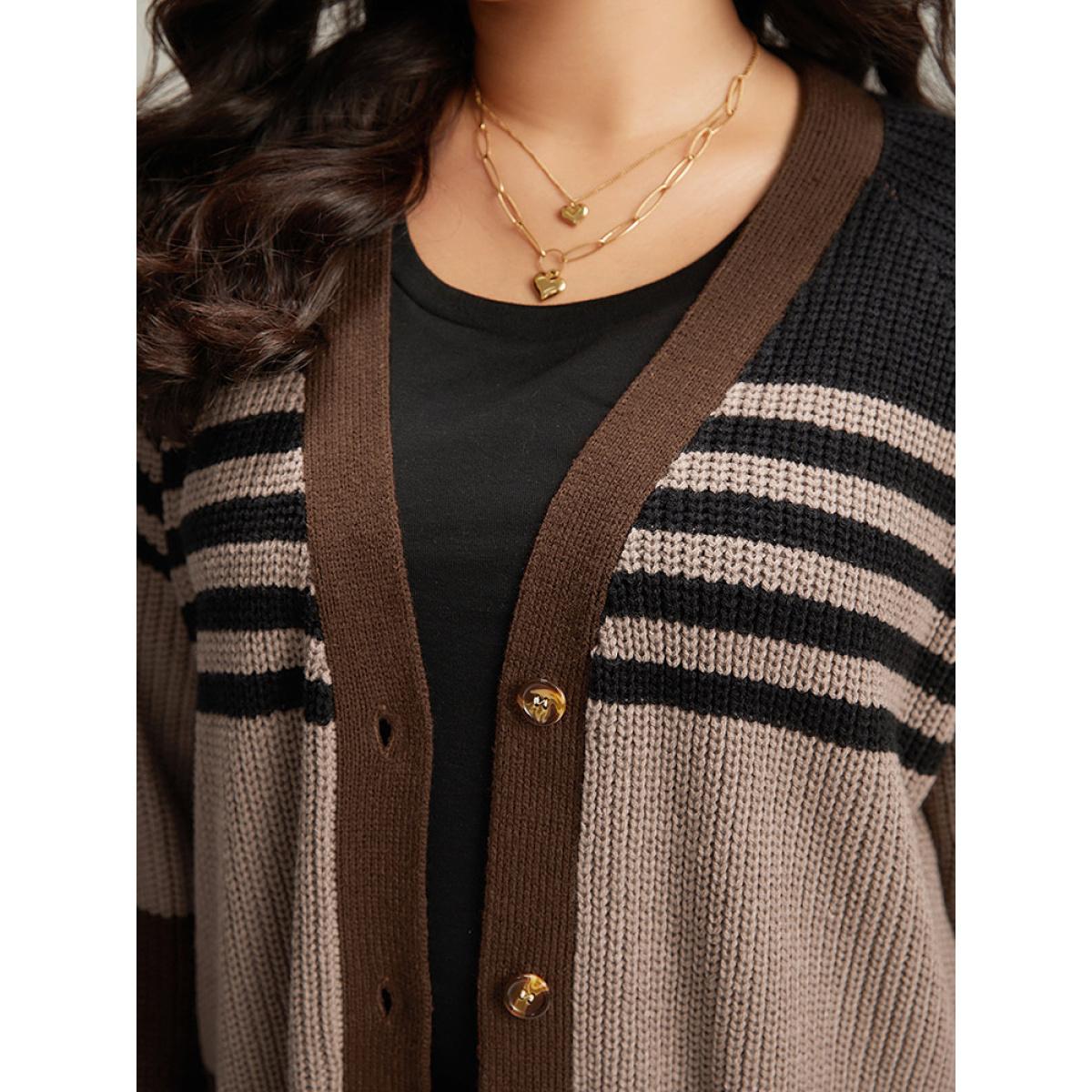 Plus Size Striped Colorblock Patched Pocket Cardigan Multicolor Women Casual Loose Long Sleeve Dailywear Cardigans BloomChic 12/L Product Image