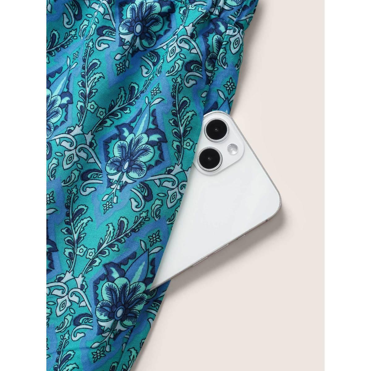 Plus Size Boho Print Elastic Waist Button Detail Skirt Women Cerulean Resort Non No stretch Slanted pocket Vacation Skirts BloomChic 18-20/2X Product Image