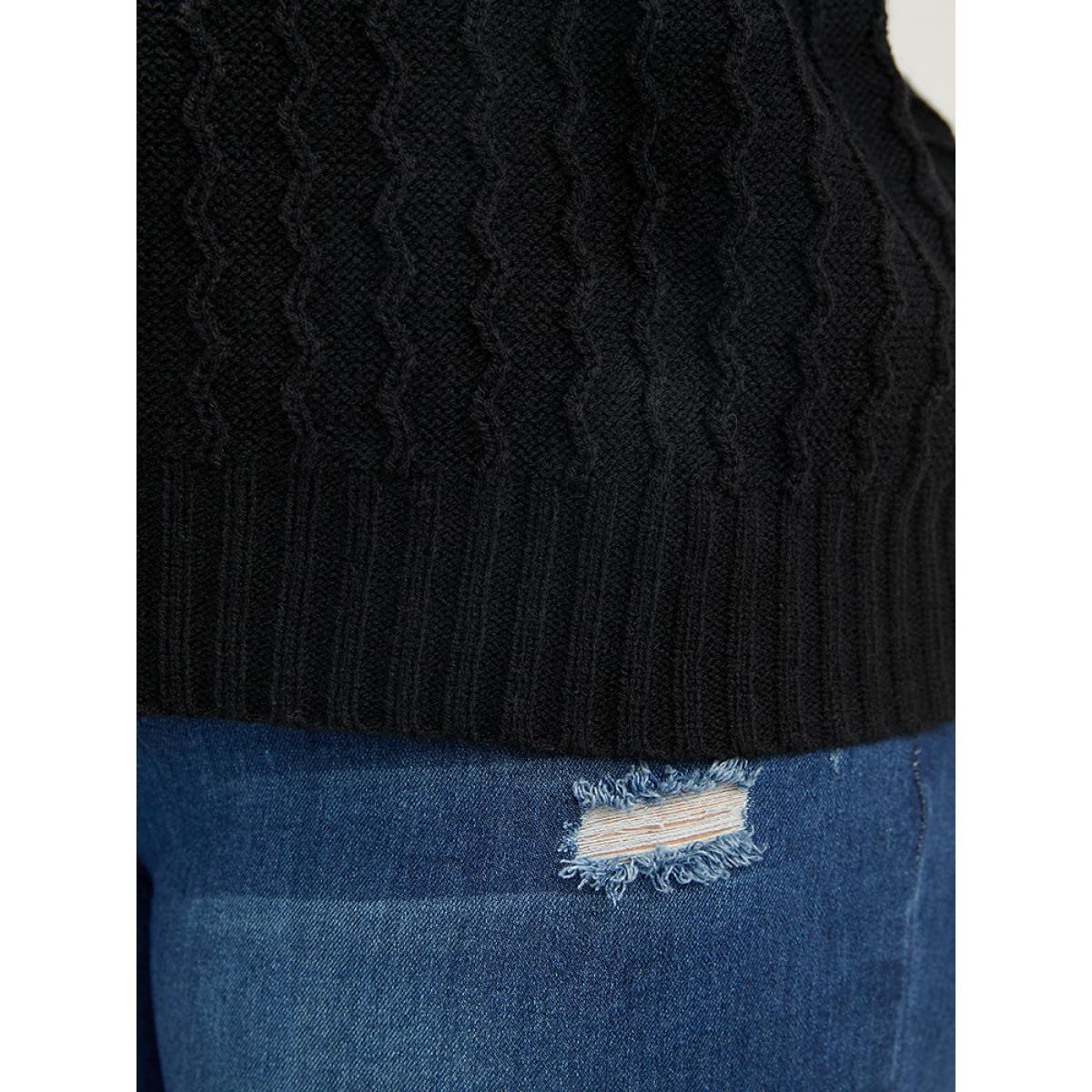 Plus Size Solid Pointelle Knit Pearls Beaded Collar Neck Knit Top Black Women Elegant Long Sleeve Lapel Collar Dailywear Pullovers BloomChic 10/M Product Image