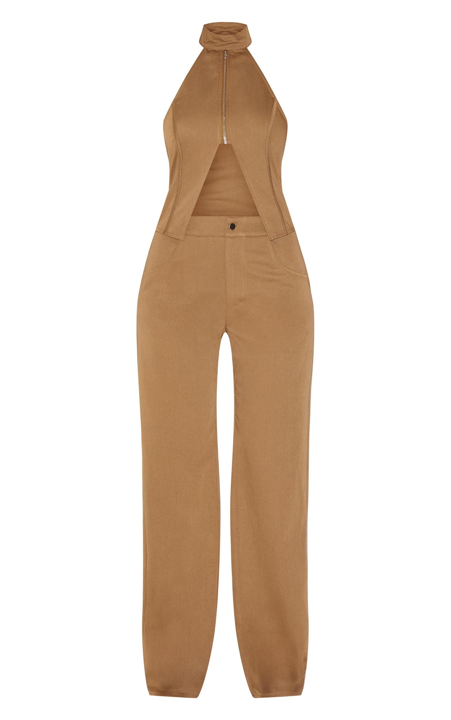  Khaki Woven High Neck Zip Detail Straight Leg Jumpsuit Product Image