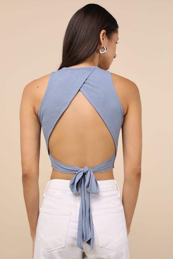 Let's Tie It Slate Blue Tie-Back Cropped Tank Top Product Image