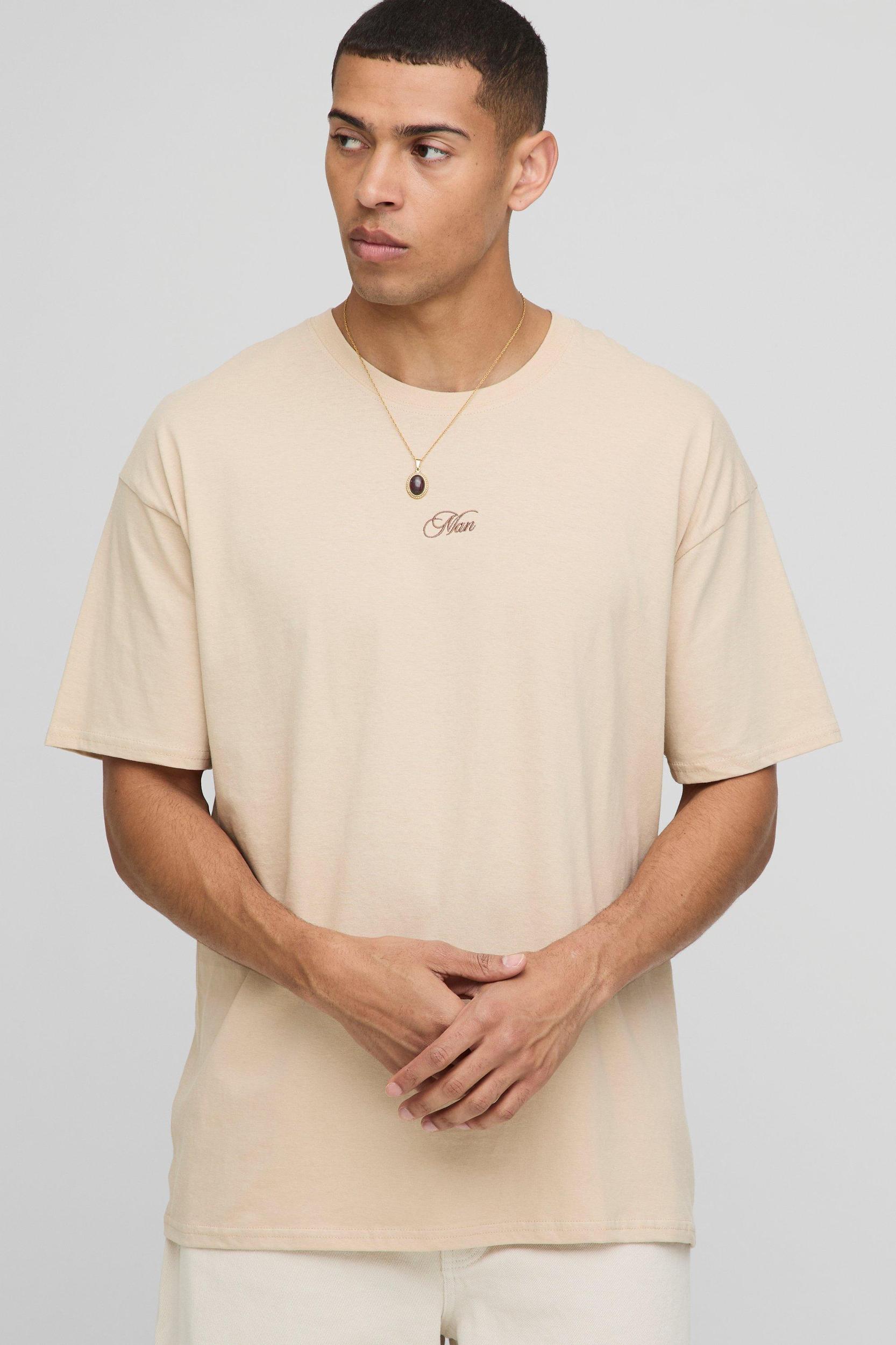Taupe Oversized Embroidered MAN T-Shirt | boohooMAN USA Product Image