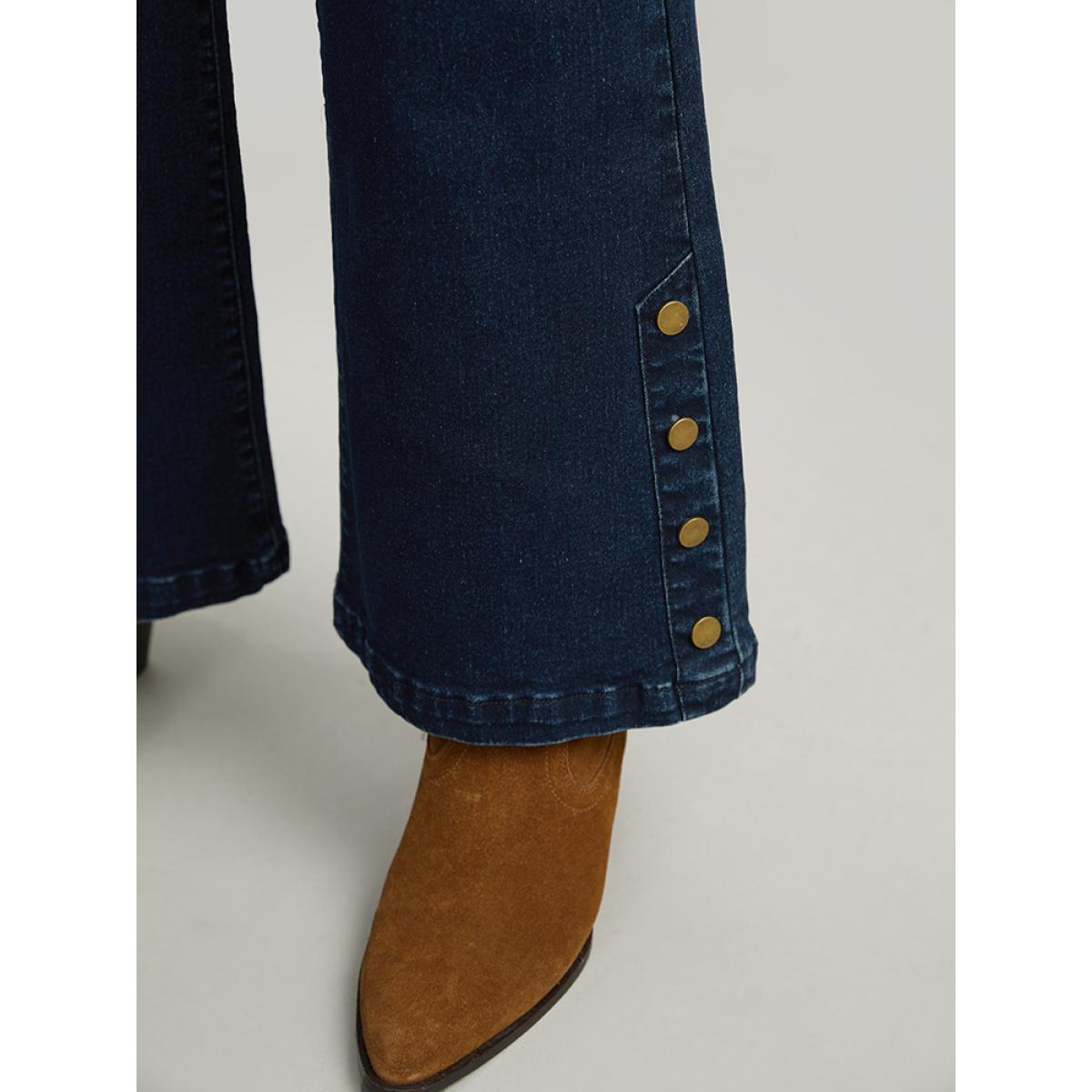 Plus Size Plain Button Detail Flare Leg Full Length Jeans Women Indigo Casual Plain Plain High stretch Pocket Jeans BloomChic 30/6X Product Image