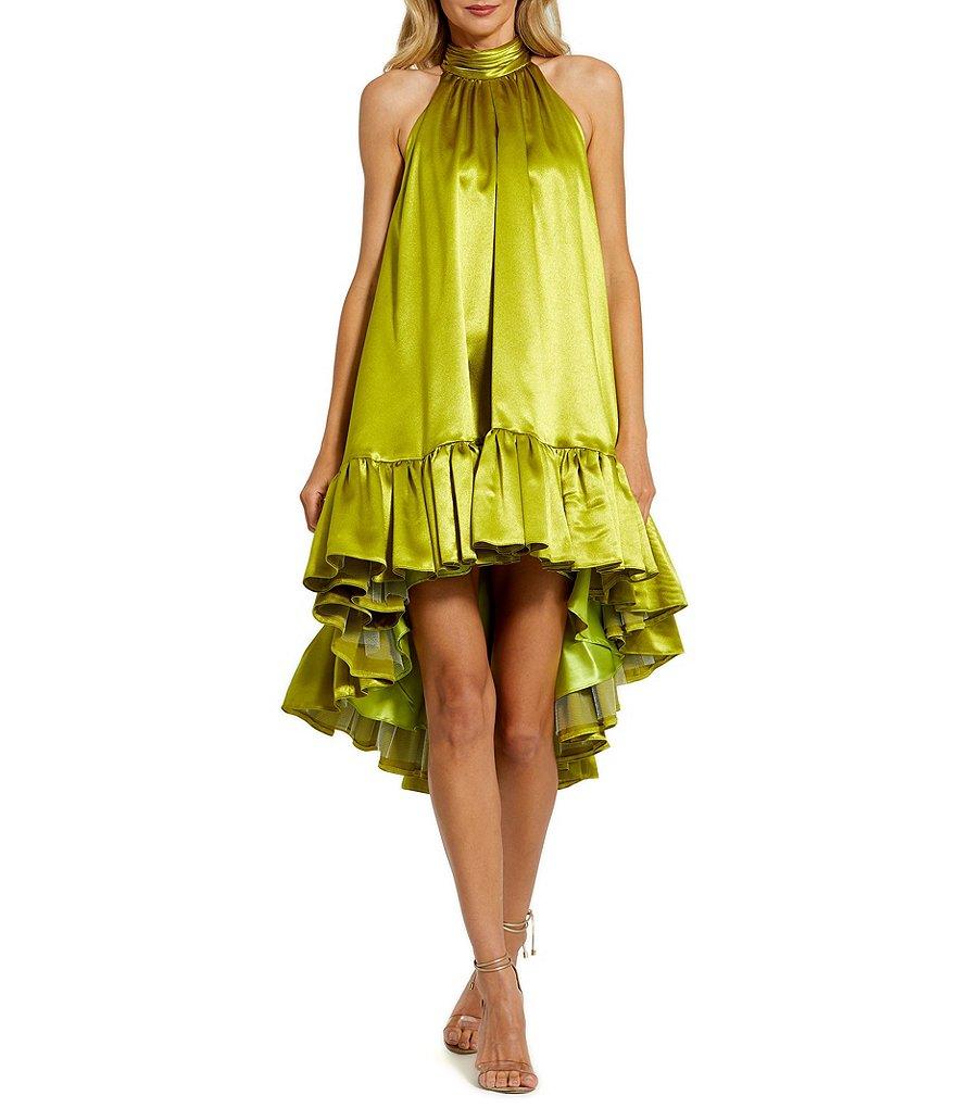 Mac Duggal Satin Halter Mock Neck Sleeveless Ruffle Hem High Low Mini Dress Product Image