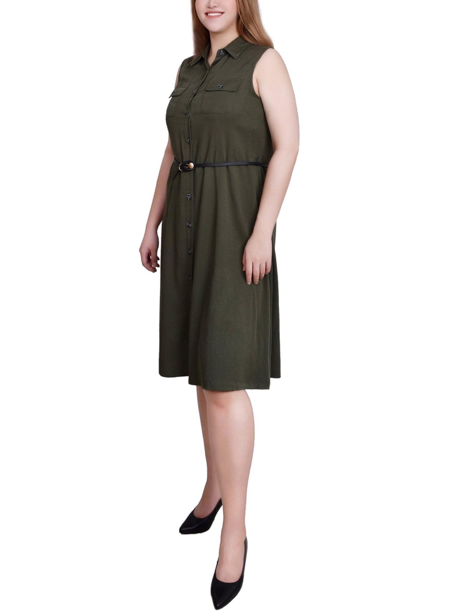 Oil Green Sleeveless Button Front Dress - Petite Product Image