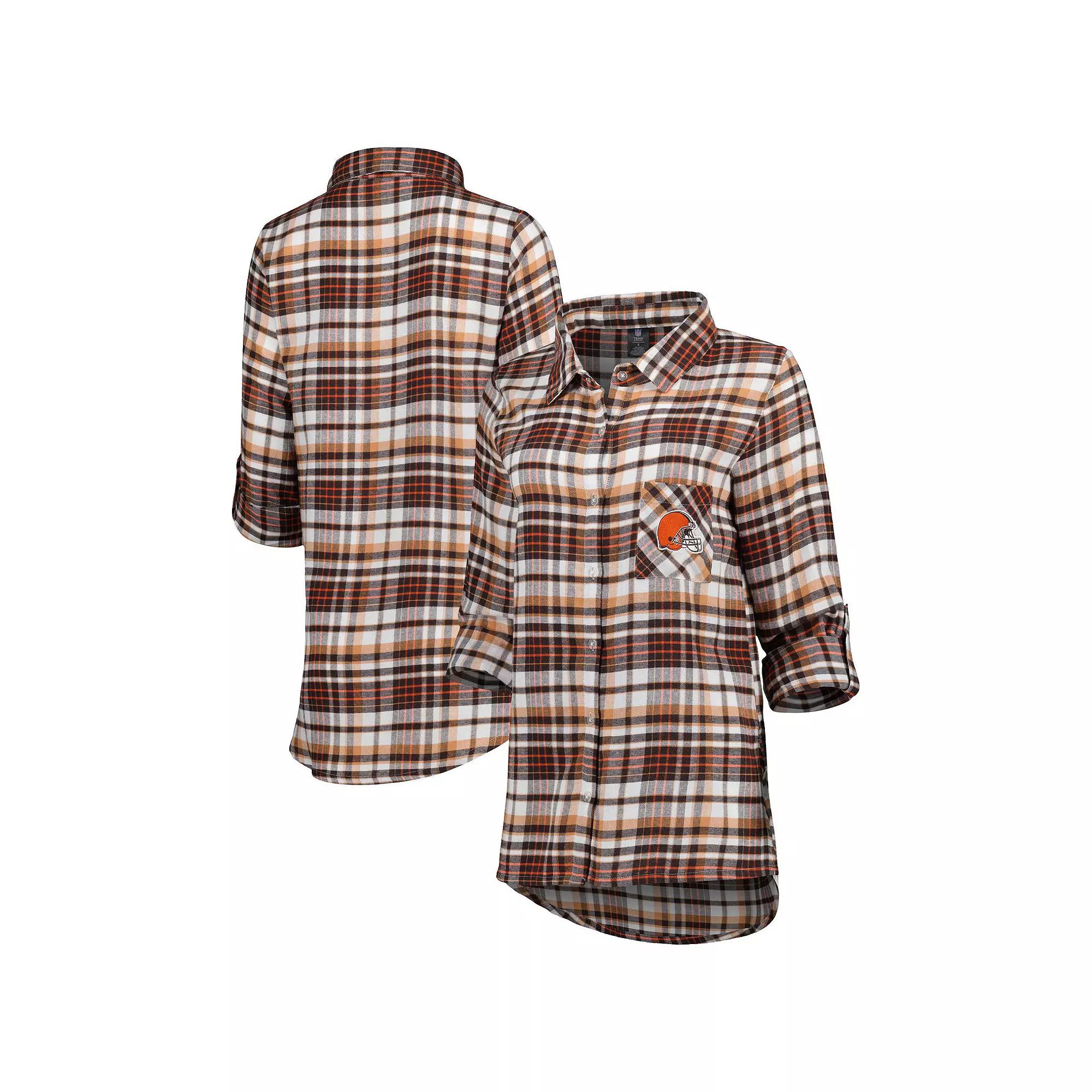 Women's Concepts Sport Brown Cleveland Browns Mainstay Plaid Full-Button Long Sleeve Nightshirt,  Product Image