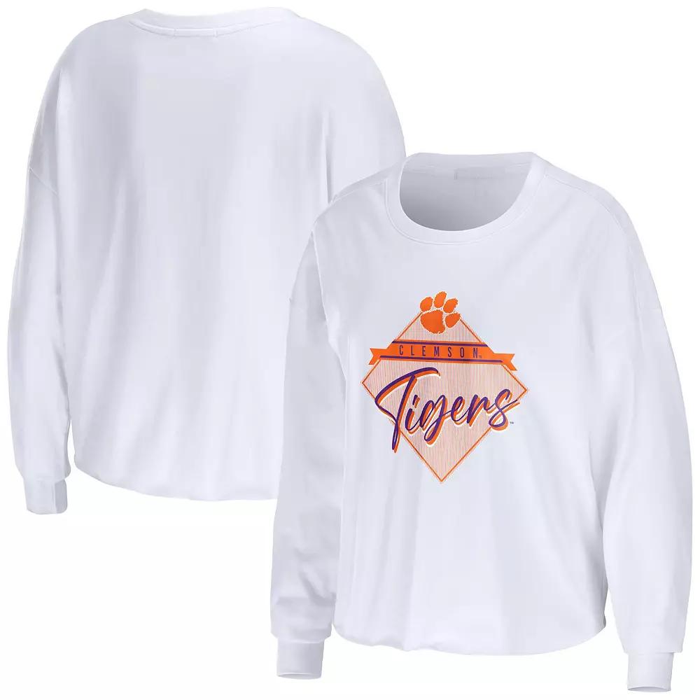 Women's WEAR by Erin Andrews White Clemson Tigers Diamond Long Sleeve Cropped T-Shirt,  Product Image