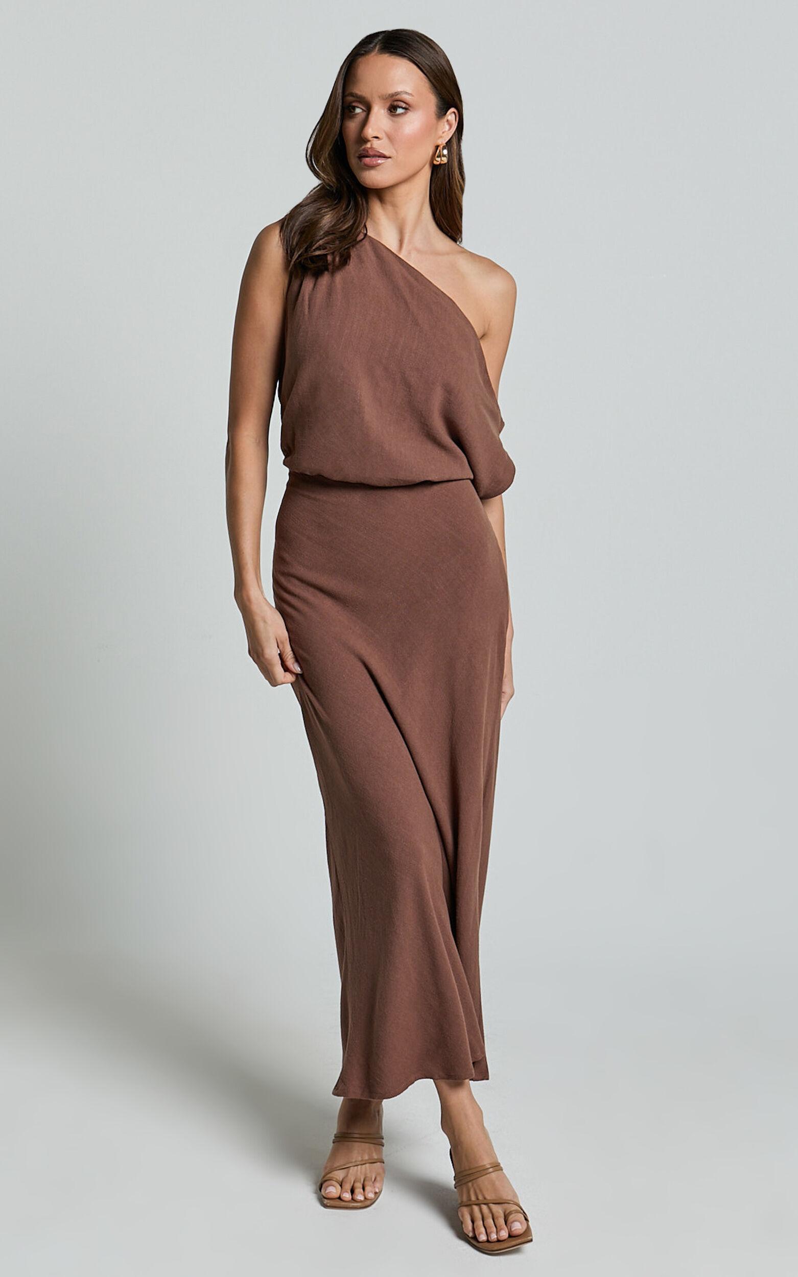 Jacqueline Midi Dress - Linen One Shoulder Dress in Chocolate Product Image