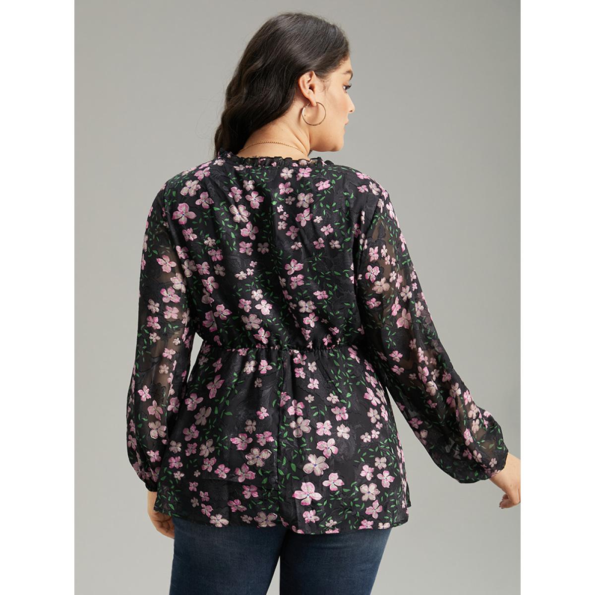 Plus Size Black Floral Print Frill Trim Blouse Women Elegant Long Sleeve V-neck Dailywear Blouses BloomChic 12/L Product Image