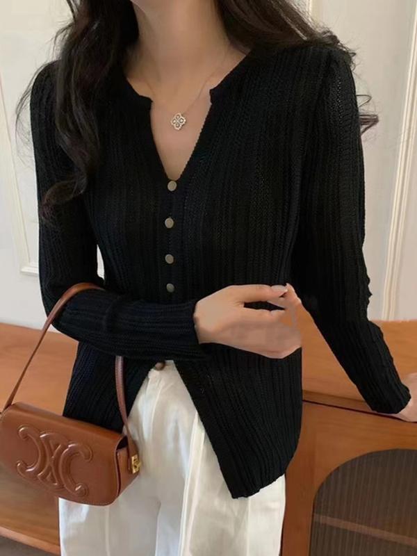 Solid V Neck Slit Long Sleeve Knit Product Image