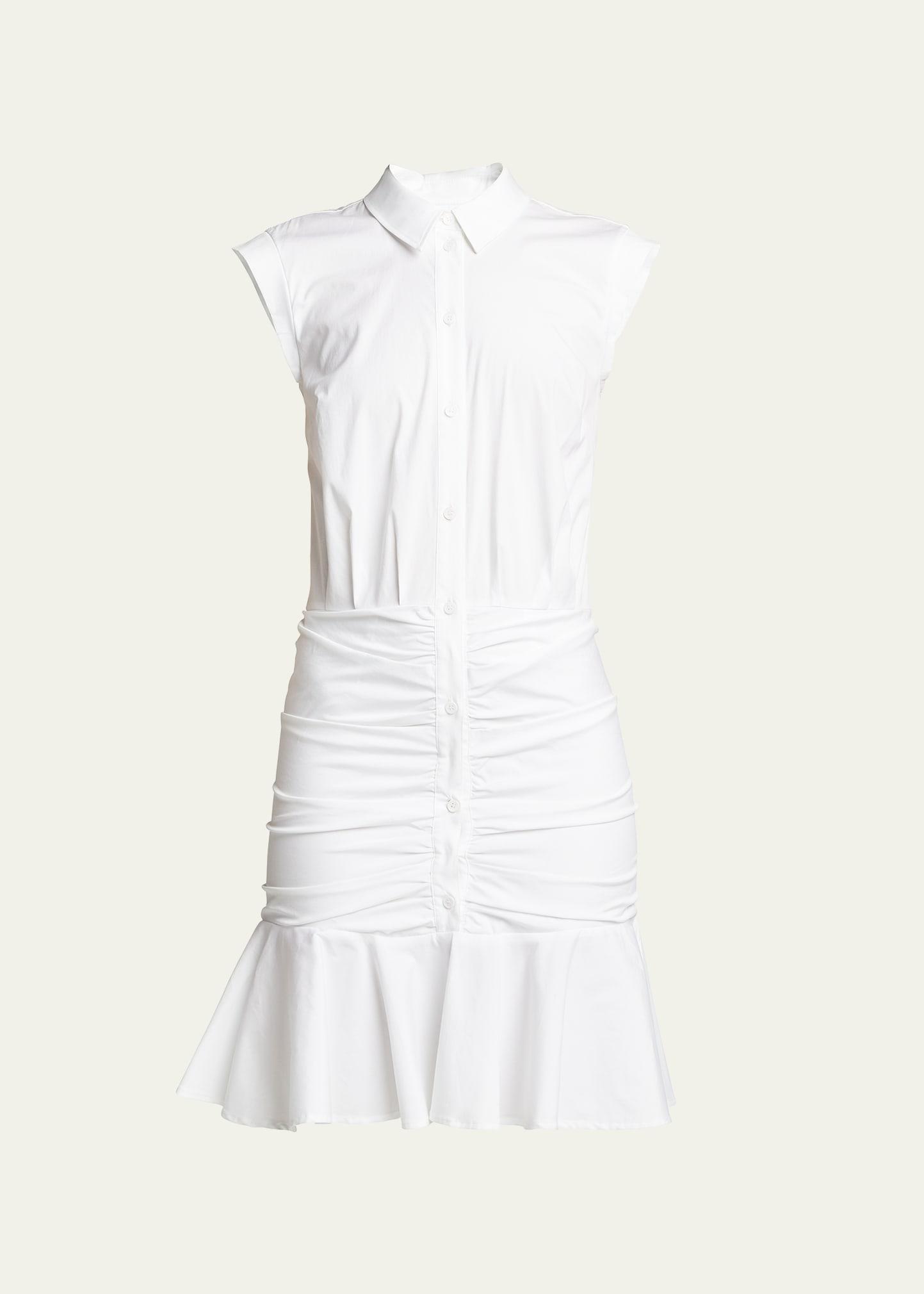 Bell Sleeveless Ruched Stretch Poplin Dress, White Product Image