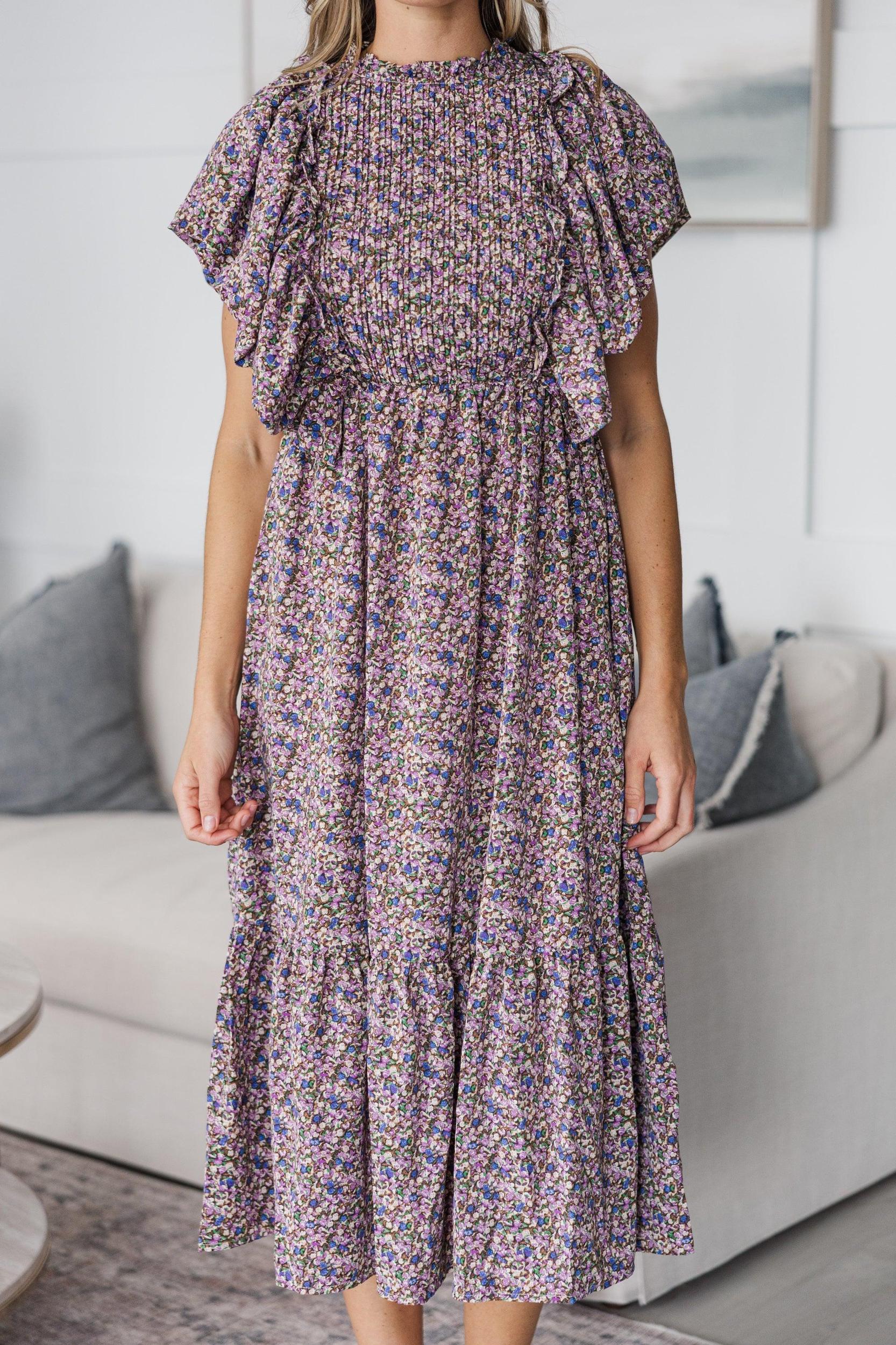 NURSING COLLECTION: All The Good Plum Ditsy Floral Ruffled Midi Dress Female Product Image